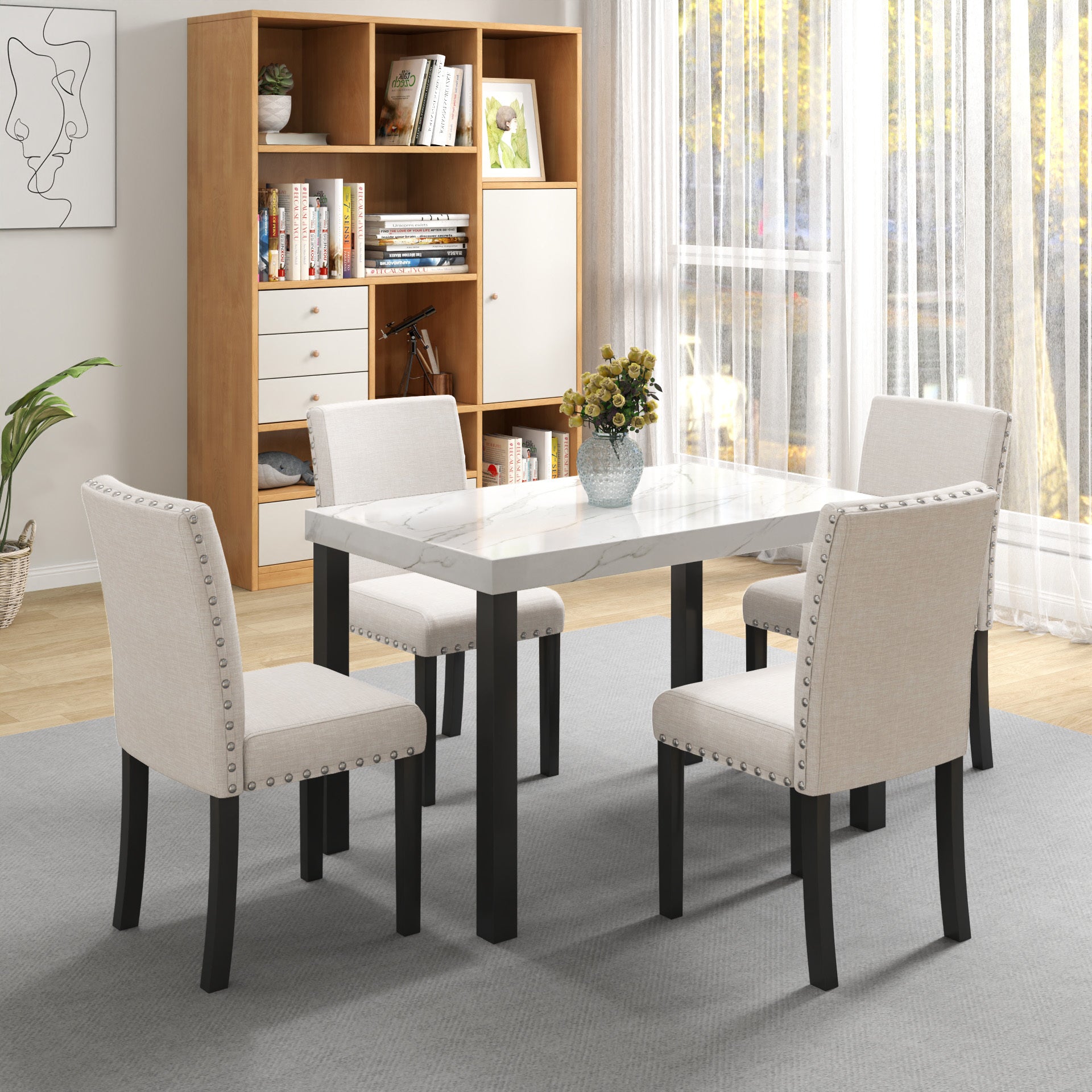 Five Piece Dining Set With Imitation Marble Tabletop, Restaurant Combination Set, Solid Wood Dining Table And 4 Chairs, Space Saving Combination Furniture For Kitchen And Dining Room. Black White Solid Wood Mdf
