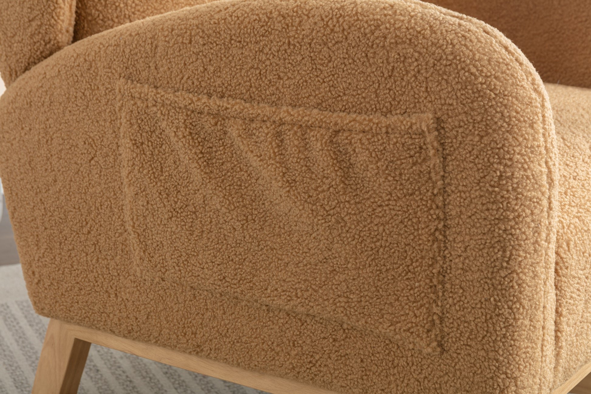 049 Teddy Fabric Rocking Chair With Packet Wood Legs,Khaki Wood Solid Khaki Primary Living Space Foam Wipe Clean Modern Rocking Chairs Eucalyptus Tufted Back Foam Teddy