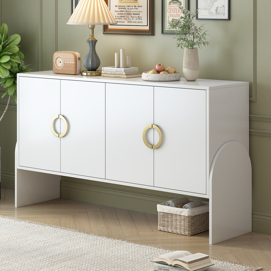 Four Door Metal Handle Storage Cabinet, Suitable For Study, Living Room, Adjustable Shelf White Solid Wood Mdf