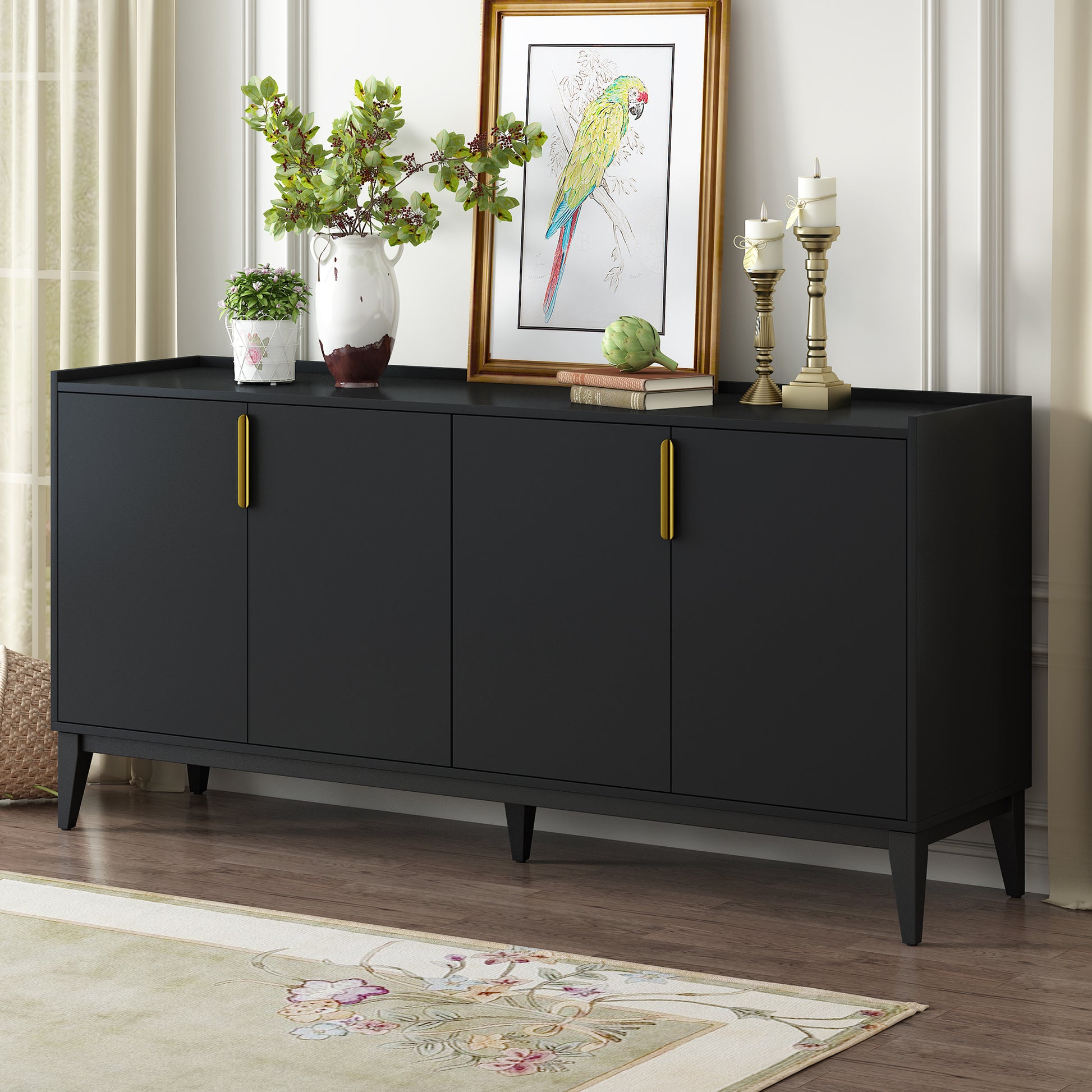 Storage Cabinet Sideboard Wooden Cabinet With 4 Doors For Hallway, Entryway, Living Room, Adjustable Shelf Black Solid Wood Mdf