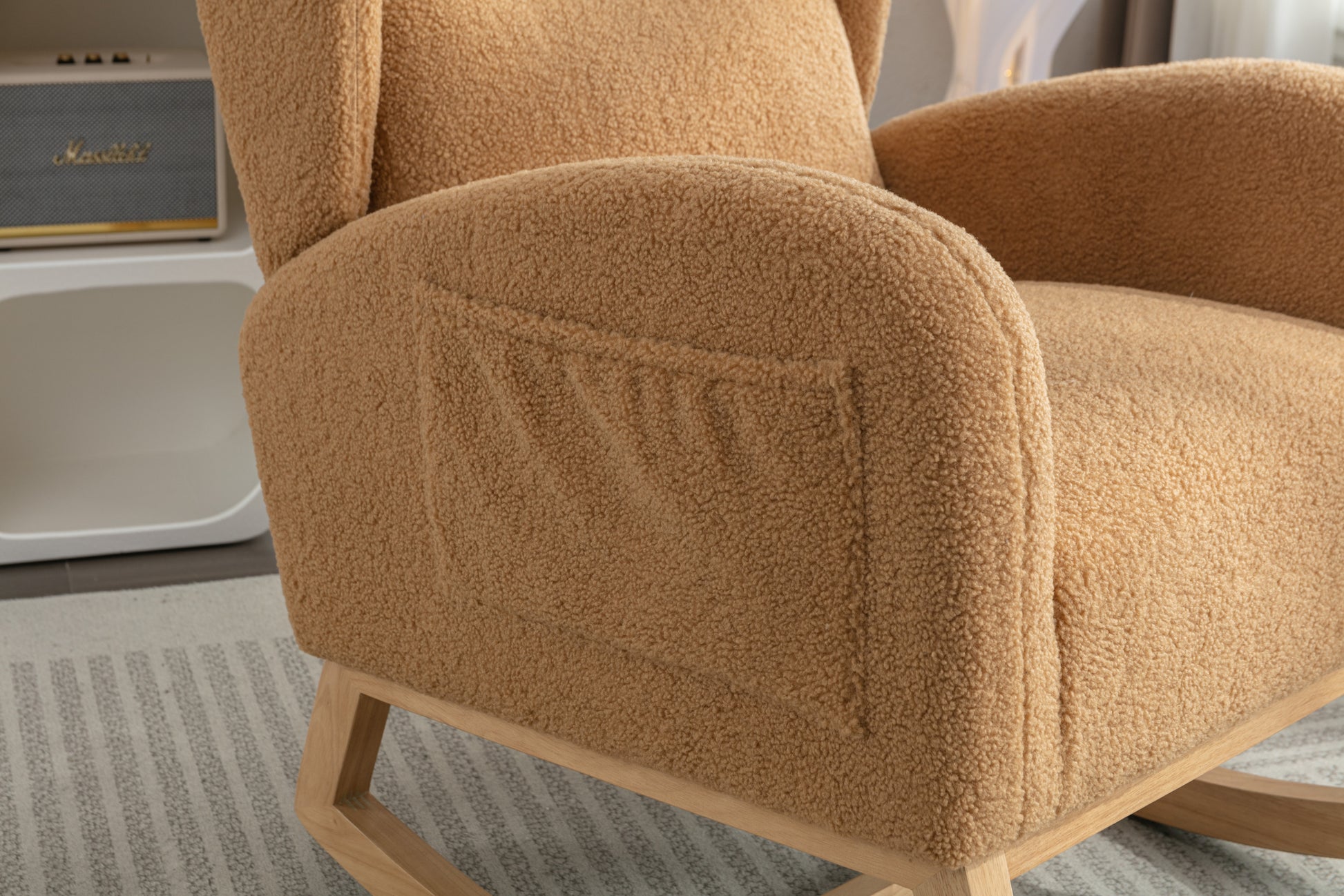 049 Teddy Fabric Rocking Chair With Packet Wood Legs,Khaki Wood Solid Khaki Primary Living Space Foam Wipe Clean Modern Rocking Chairs Eucalyptus Tufted Back Foam Teddy