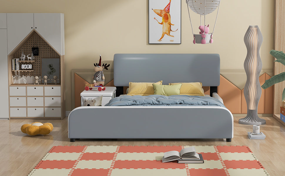 Full Size Upholstered Platform Bed With Storage Nightstand And Guardrail, Gray Box Spring Not Required Full Gray Wood Bedroom Upholstered