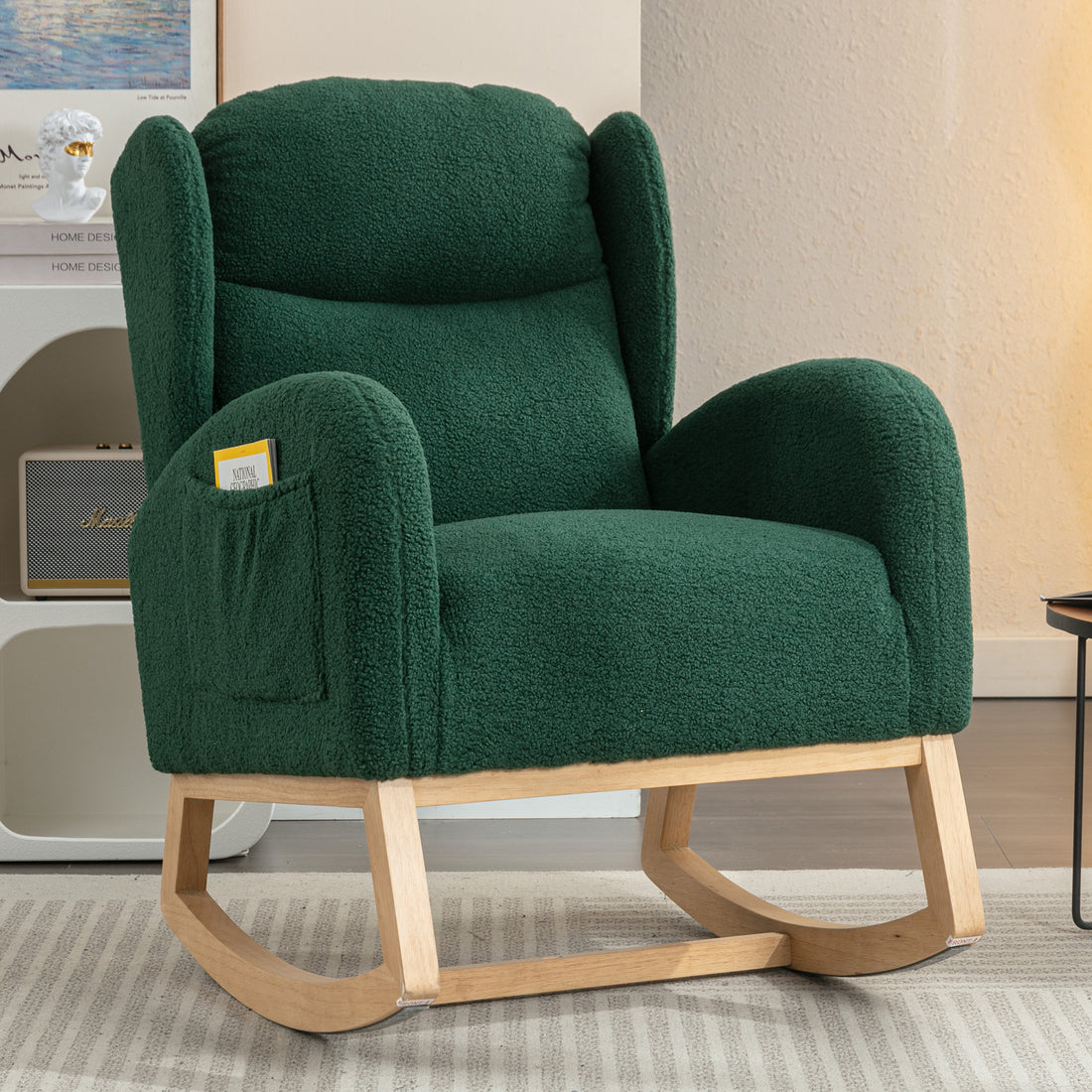 049 Teddy Fabric Rocking Chair With Packet Wood Legs,Green Wood Solid Green Primary Living Space Foam Wipe Clean Modern Rocking Chairs Eucalyptus Tufted Back Foam Teddy