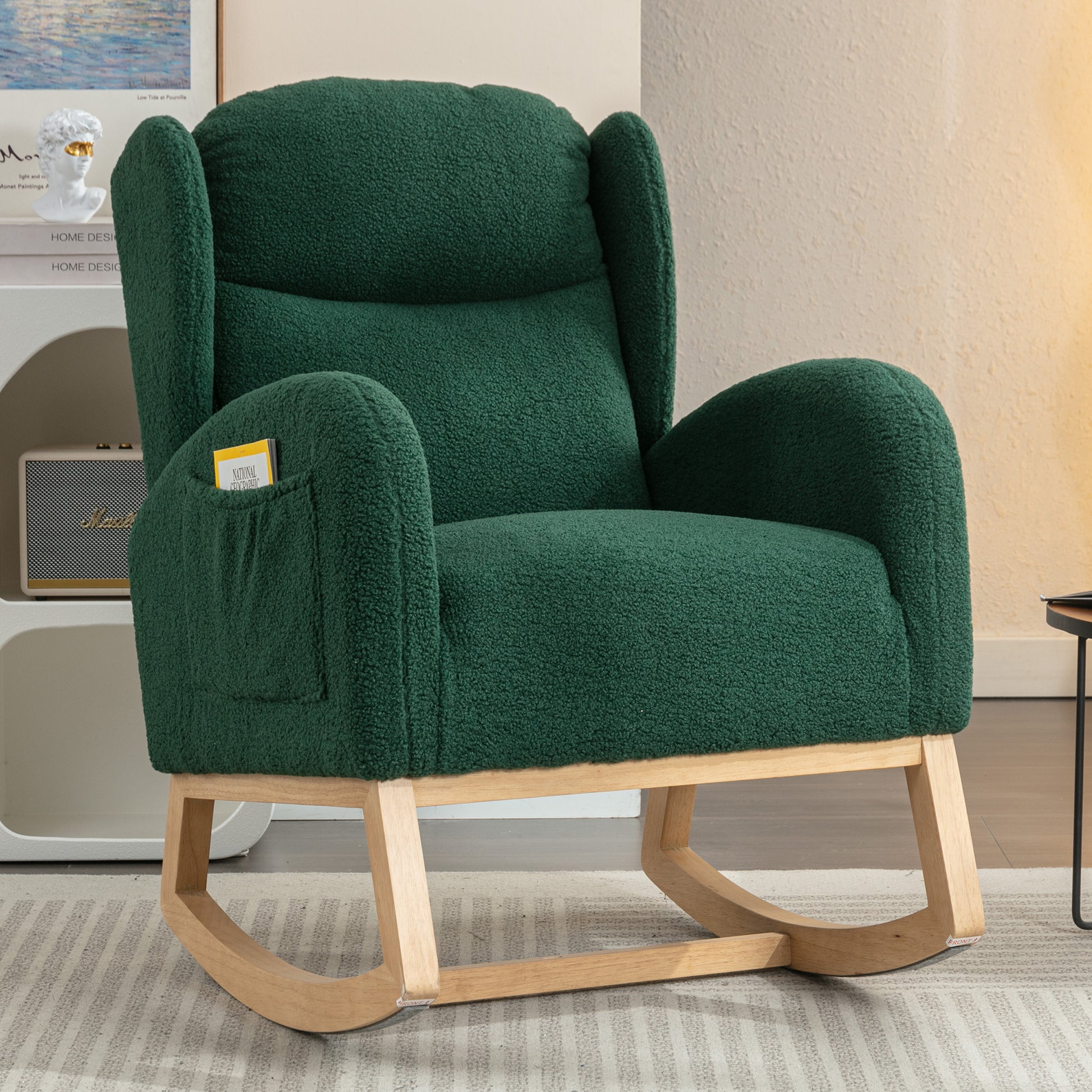 049 Teddy Fabric Rocking Chair With Packet Wood Legs,Green Wood Solid Green Primary Living Space Foam Wipe Clean Modern Rocking Chairs Eucalyptus Tufted Back Foam Teddy