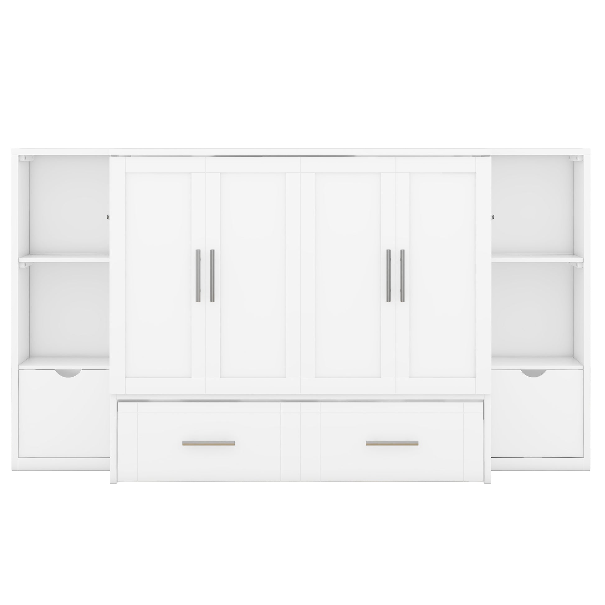 Queen Size Murphy Bed With Shelves, Drawers And Usb Ports,White White Mdf Lvl