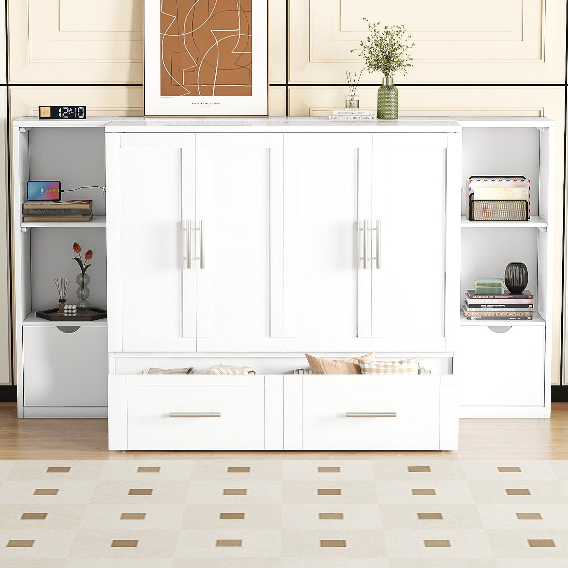 Queen Size Murphy Bed With Shelves, Drawers And Usb Ports,White White Mdf Lvl