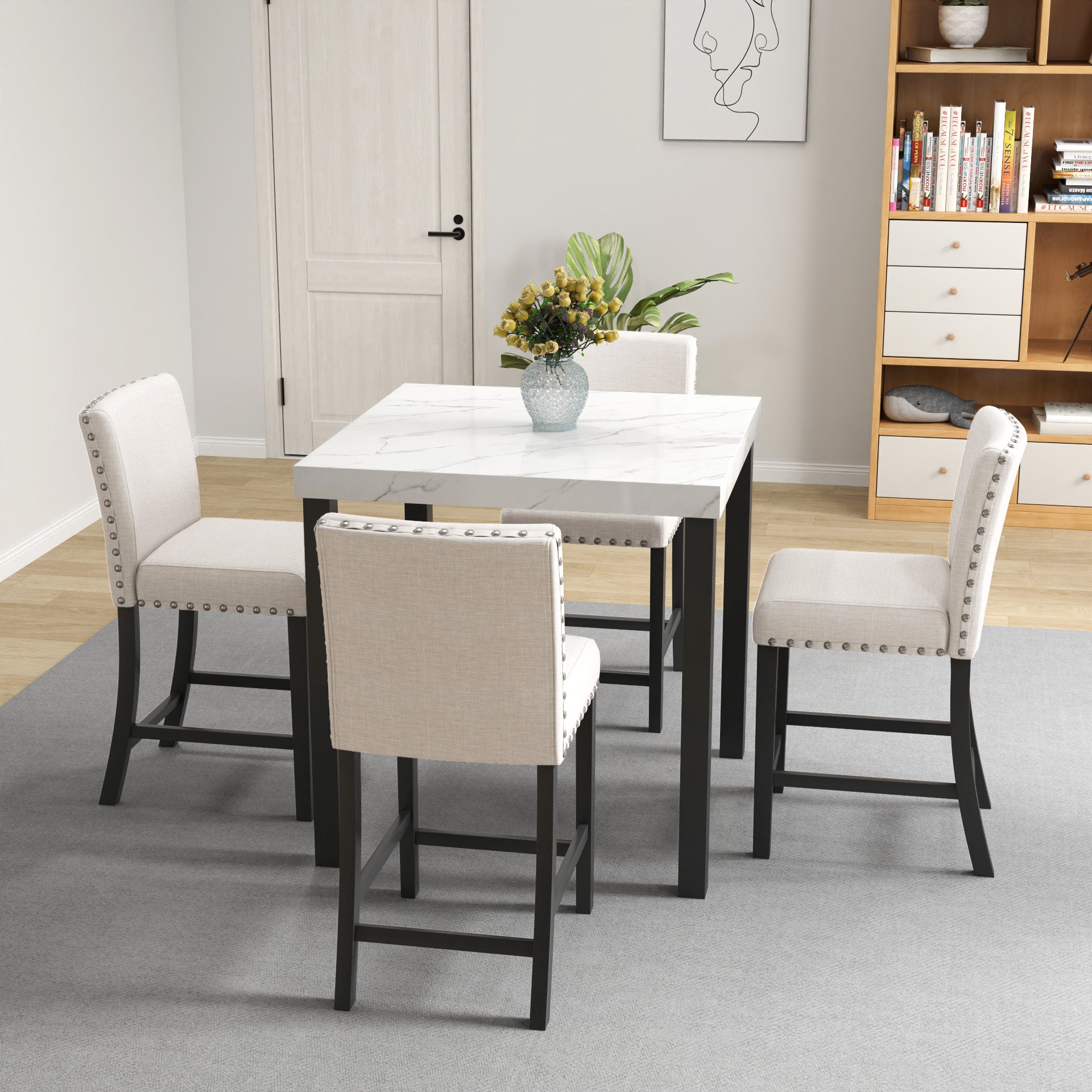 Five Piece Dining Set With Imitation Marble Tabletop, Restaurant Combination Set, Solid Wood Dining Table And 4 Chairs, Space Saving Combination Furniture For Kitchen And Dining Room. Black White Solid Wood Mdf