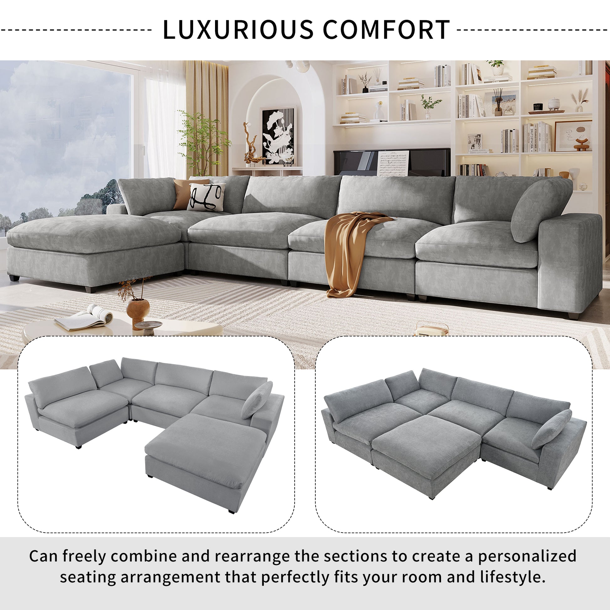 Upholstered Oversize Modular Sofa With Removable Ottoman,Sectional Sofa For Living Room Apartment 5 Seater Grey Polyester 5 Seat