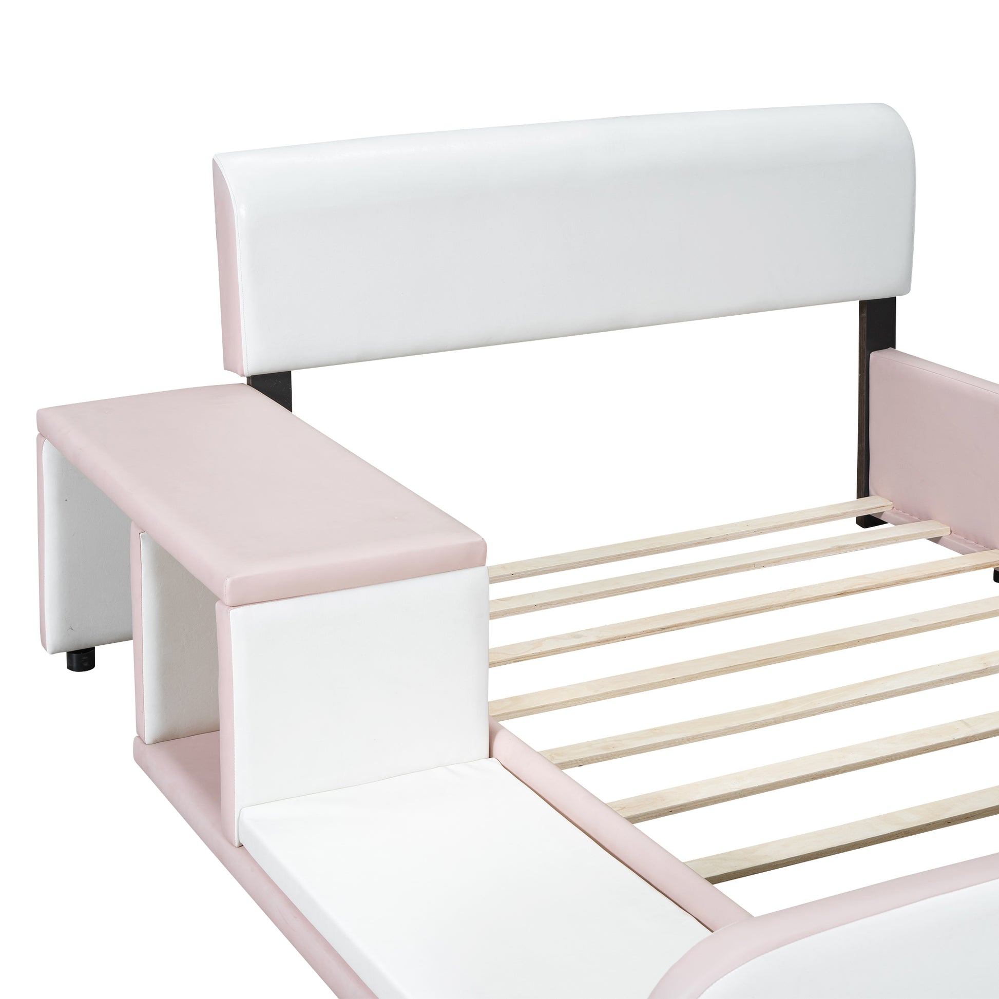 Full Size Upholstered Platform Bed With Storage Nightstand And Guardrail, Pink Box Spring Not Required Full Pink Wood Bedroom Upholstered