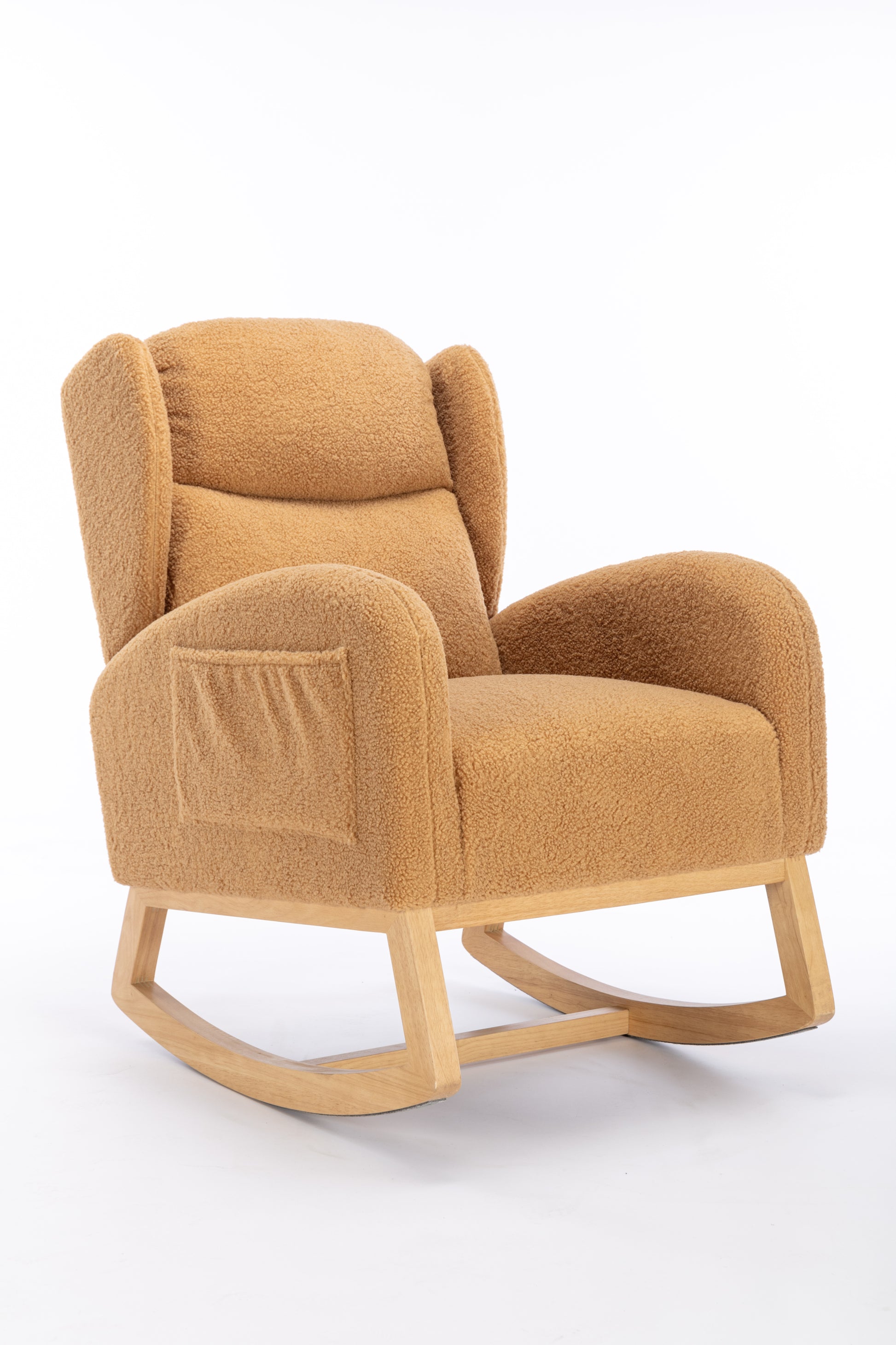049 Teddy Fabric Rocking Chair With Packet Wood Legs,Khaki Wood Solid Khaki Primary Living Space Foam Wipe Clean Modern Rocking Chairs Eucalyptus Tufted Back Foam Teddy