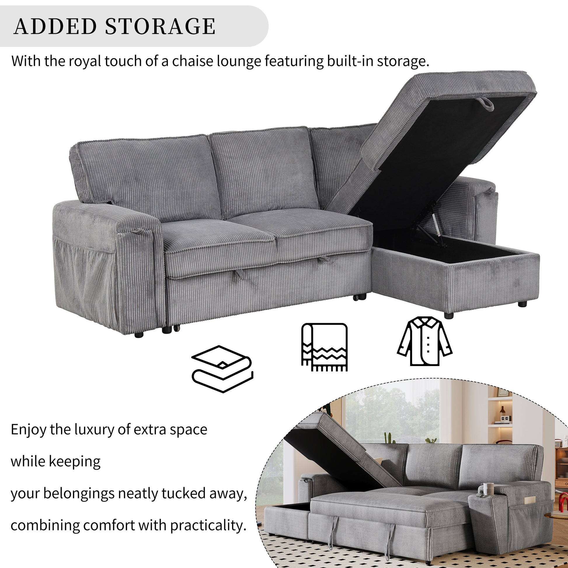 Upholstery Sleeper Sectional Sofa With Storage Bags And 2 Cup Holders On Arms Gray Wood Cushion Back Square Arms Polyester 3 Seat