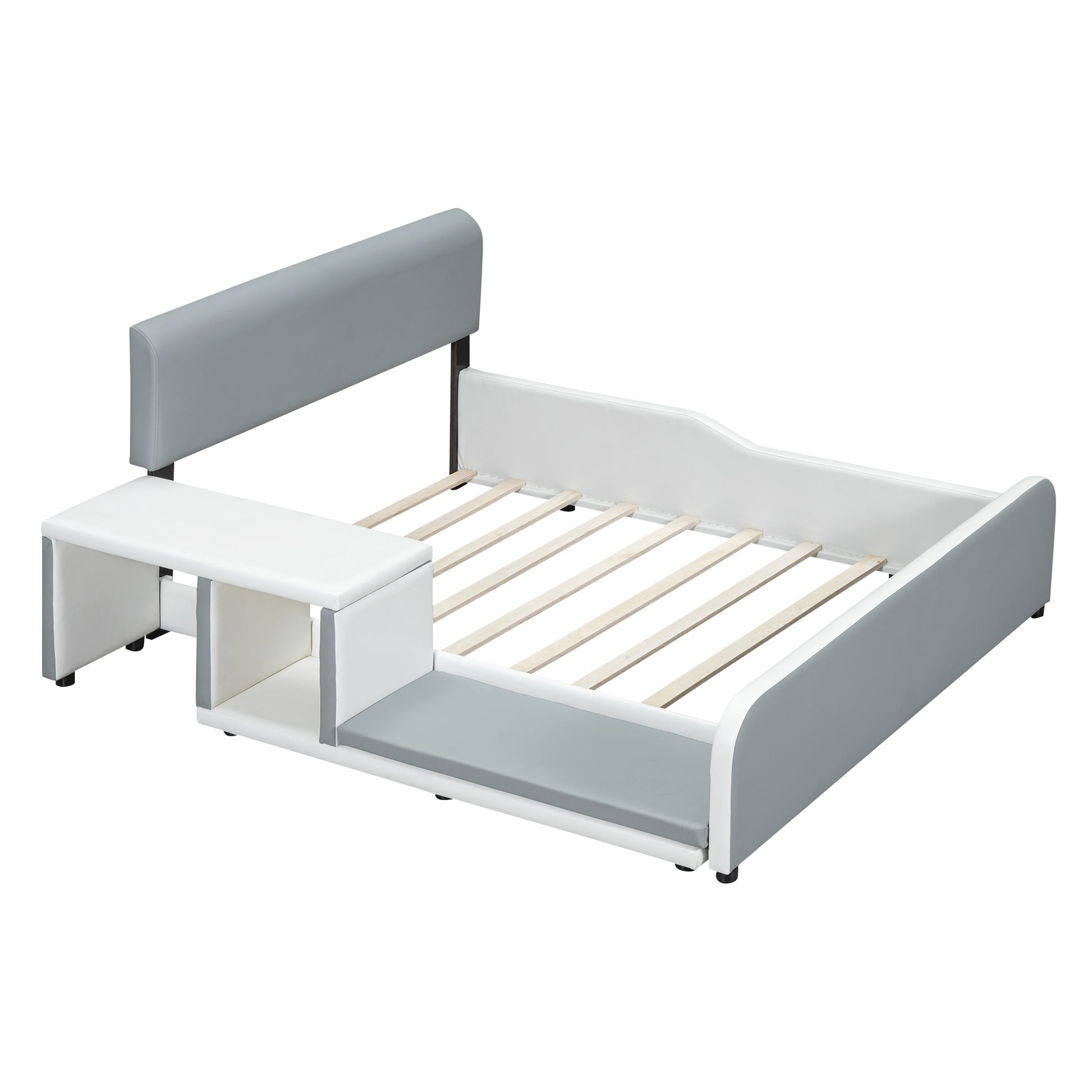 Full Size Upholstered Platform Bed With Storage Nightstand And Guardrail, Gray Box Spring Not Required Full Gray Wood Bedroom Upholstered