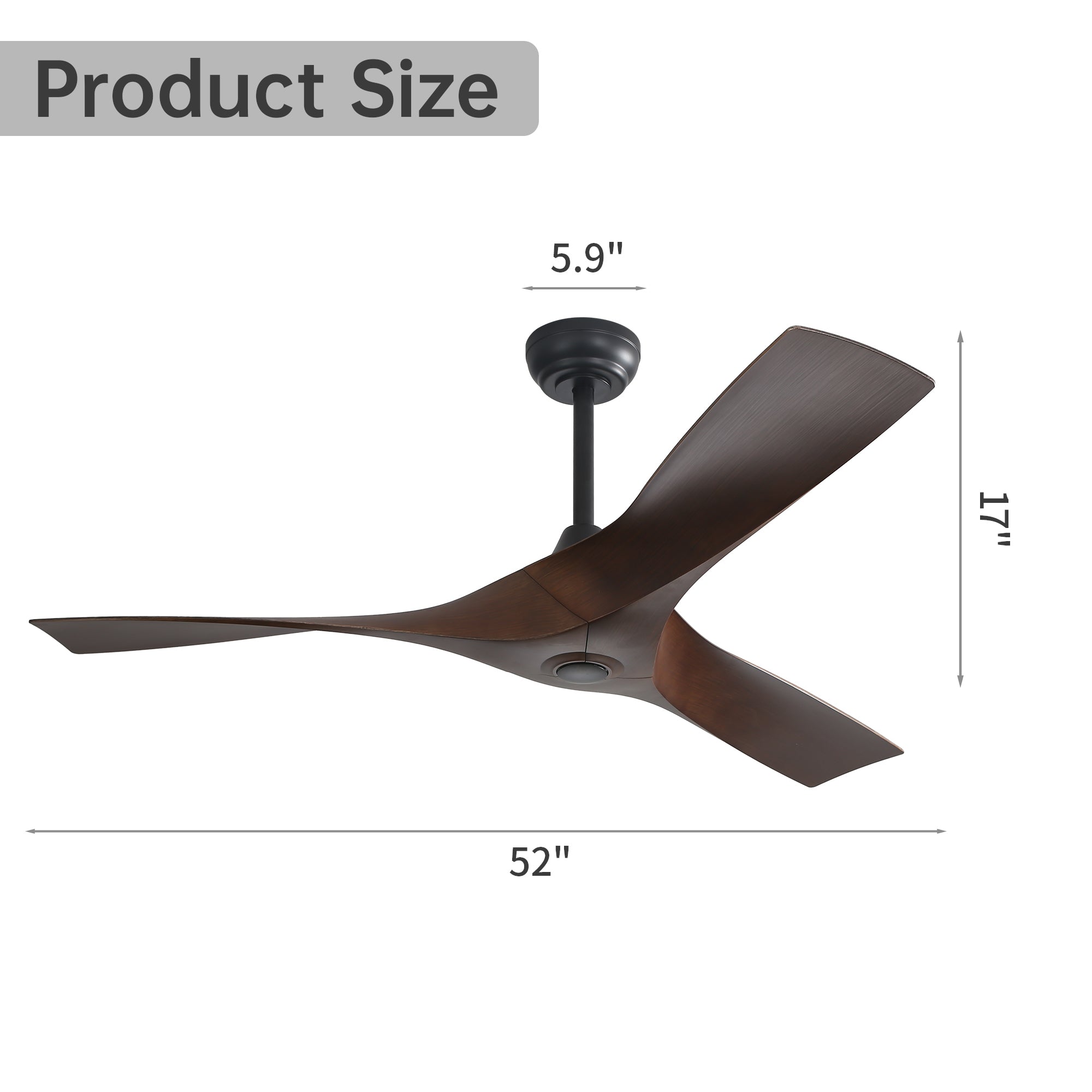 52 Inch Ceiling Fan Without Light, 3 ABS Blades black-abs