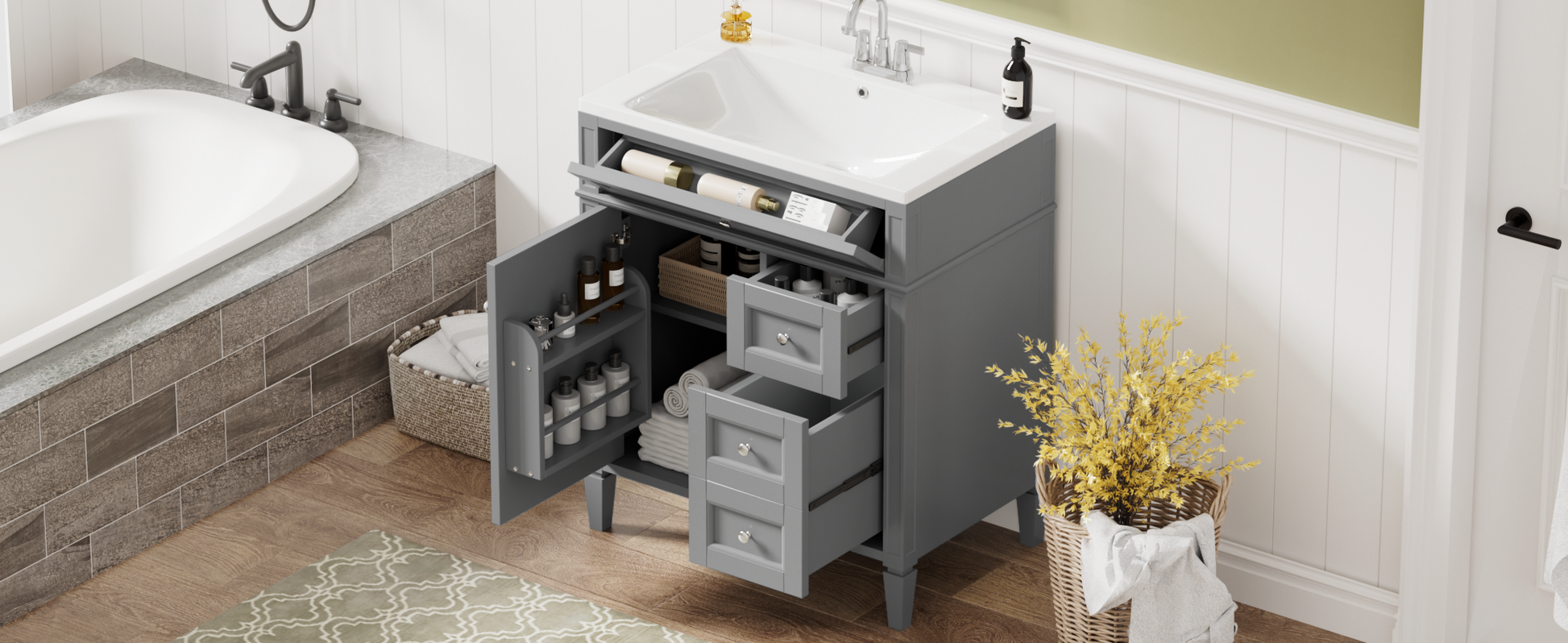 30'' Bathroom Vanity With Top Sink, Modern Bathroom Storage Cabinet With 2 Drawers And A Tip Out Drawer, Single Sink Bathroom Vanity 3 Grey 1 2 Adjustable Shelves Bathroom Freestanding Solid Wood Mdf Painted