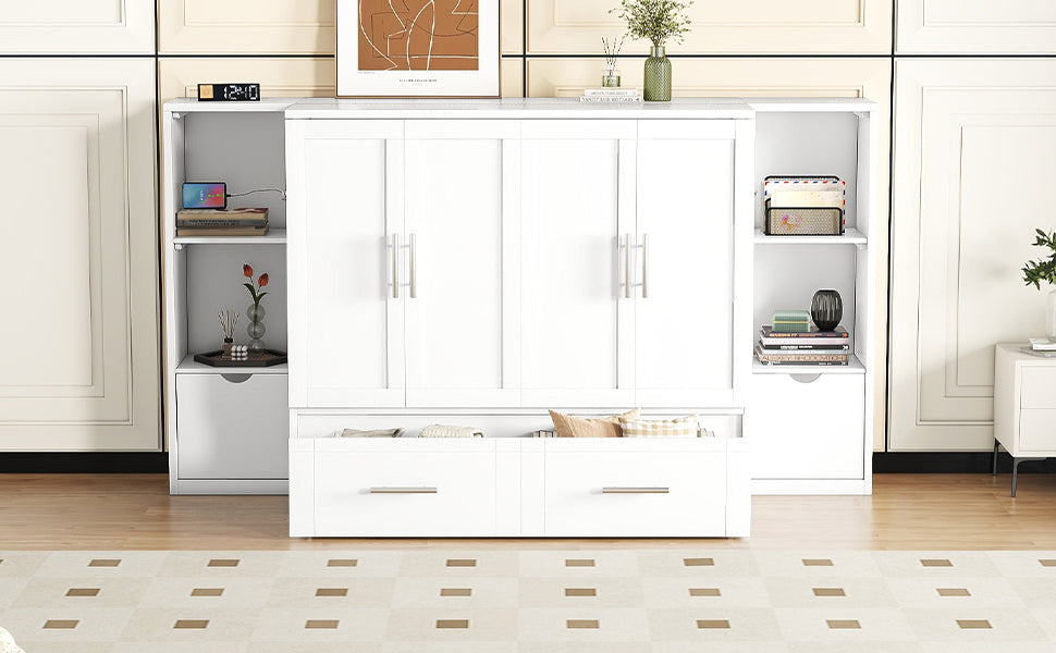 Queen Size Murphy Bed With Shelves, Drawers And Usb Ports,White White Mdf Lvl