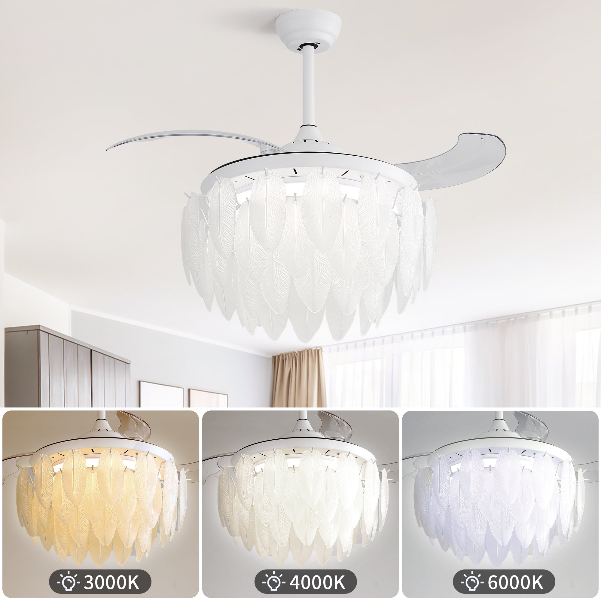 42 Inch Unique Design Feather Crystal Ceiling Fan