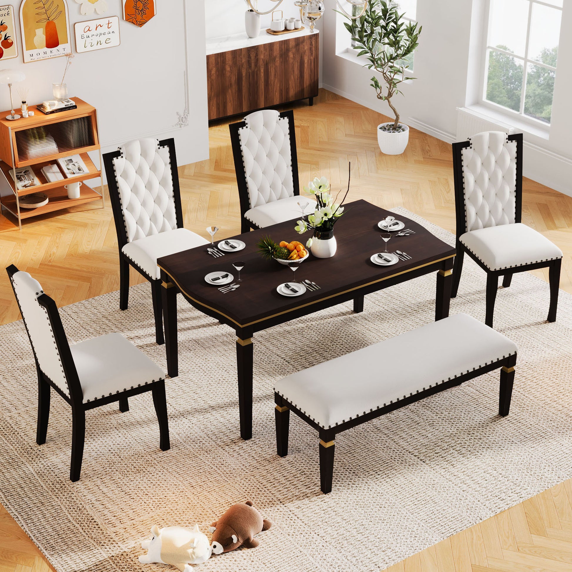 6 Piece Kitchen Dining Table Set, 62.7" Rectangular Table And 4 High Back Tufted Chairs & 1 Bench For Dining Room And Kitchen Espresso Espresso Modern Solid Wood Mdf