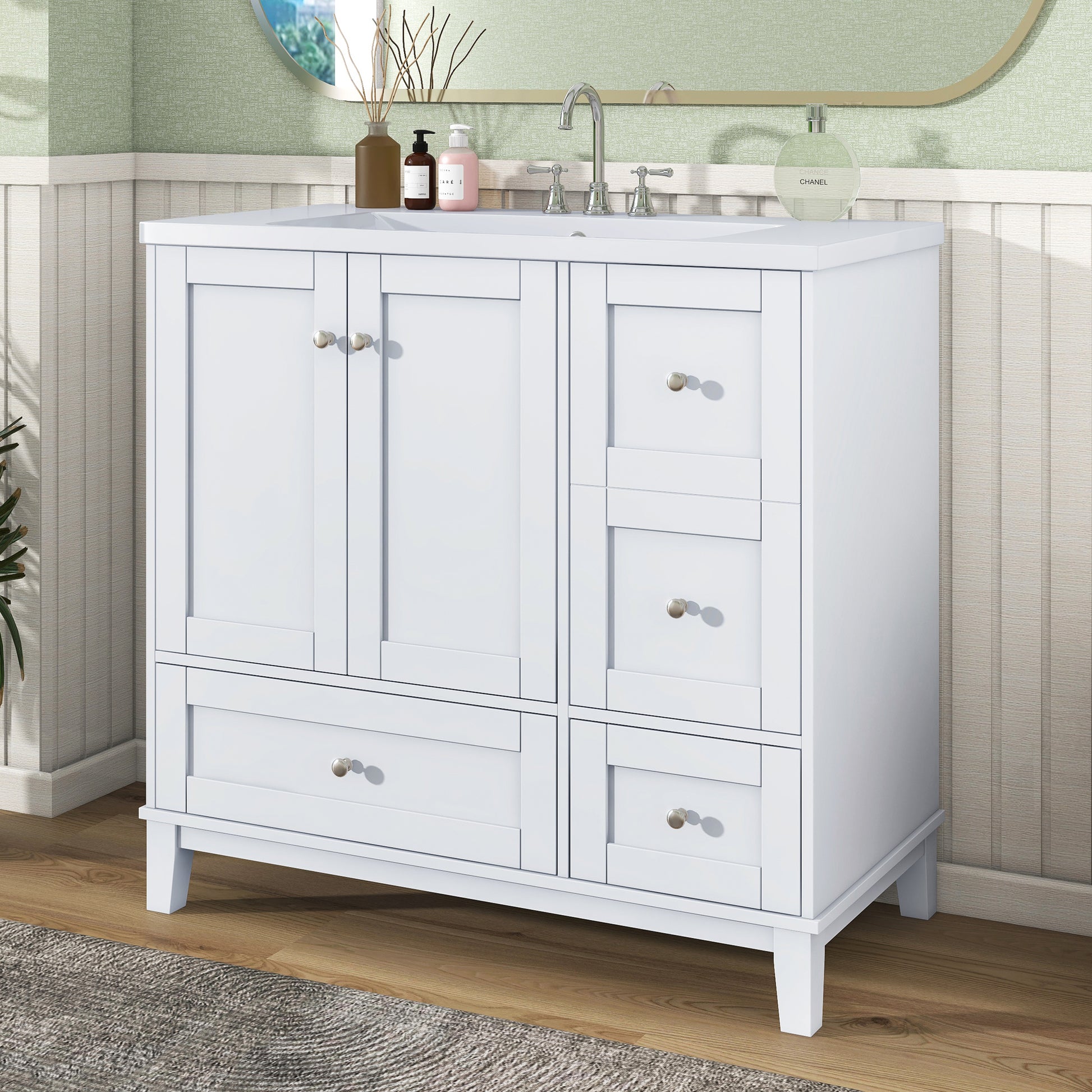 36 Inch Modern Bathroom Vanity With Usb Charging, Two Doors And Three Drawers Bathroom Storage Vanity Cabinet, Small Bathroom Vanity Cabinet With Single Sinkwhite & Gray Blue Faucets Not Included White Solid Wood Mdf Resin