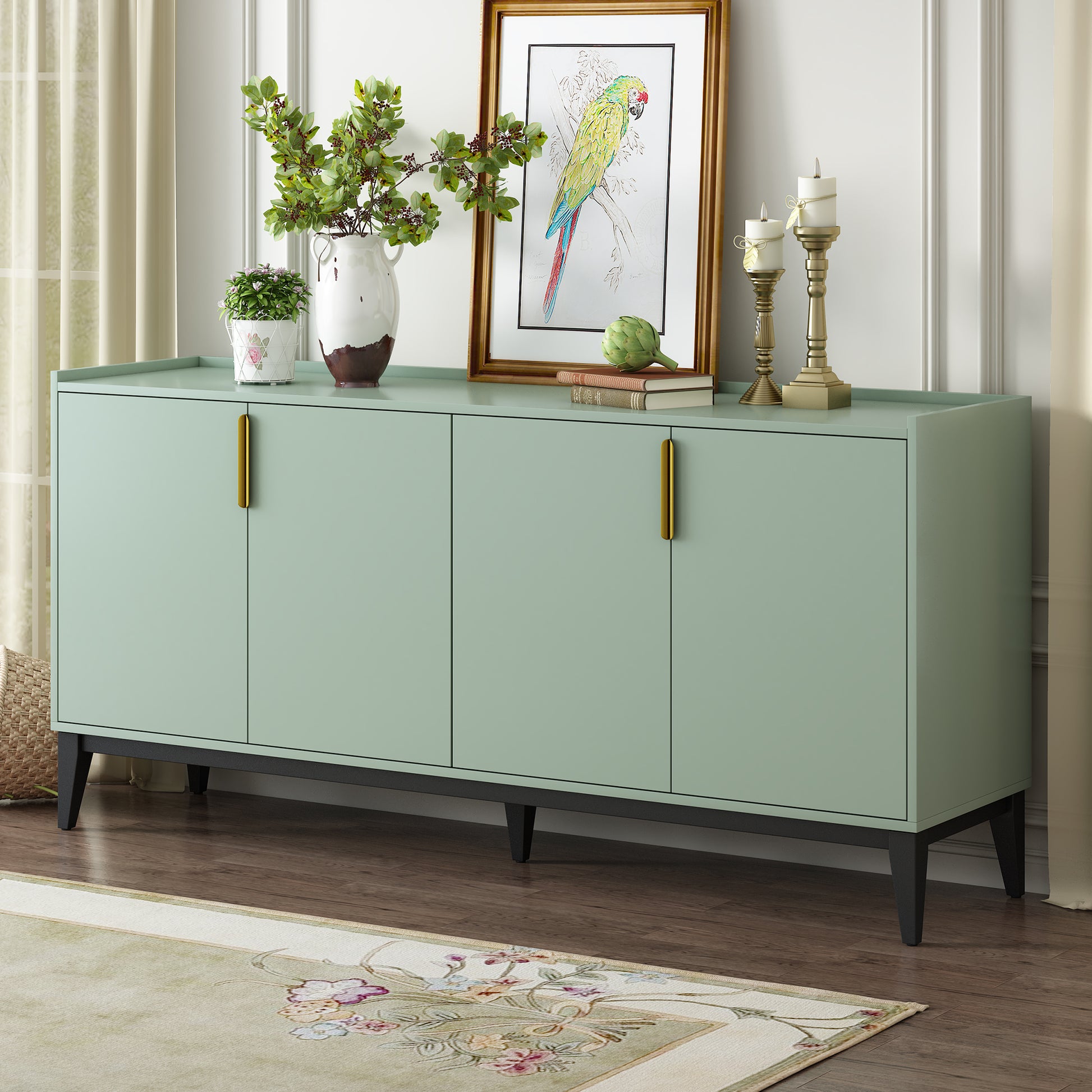 Storage Cabinet Sideboard Wooden Cabinet With 4 Doors For Hallway, Entryway, Living Room, Adjustable Shelf Green Solid Wood Mdf