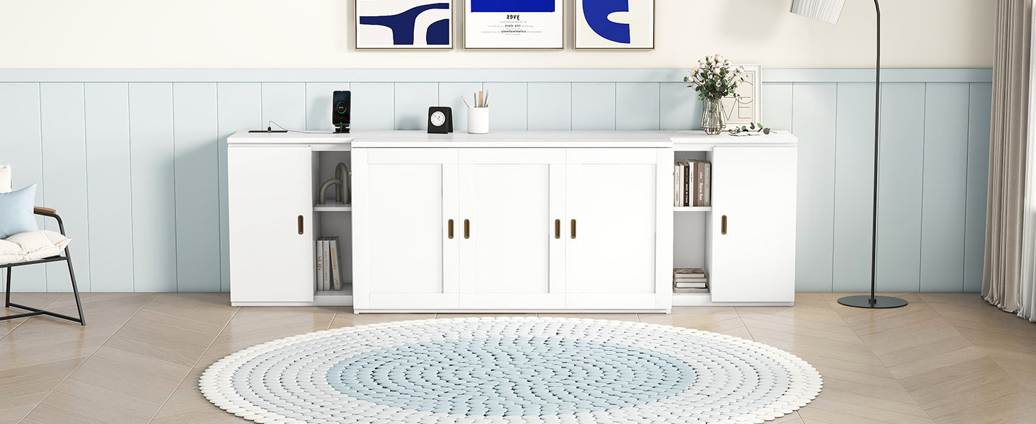 Queen Size Murphy Bed With Shelves, Cabinets And Usb Ports,White Queen White Mdf Lvl