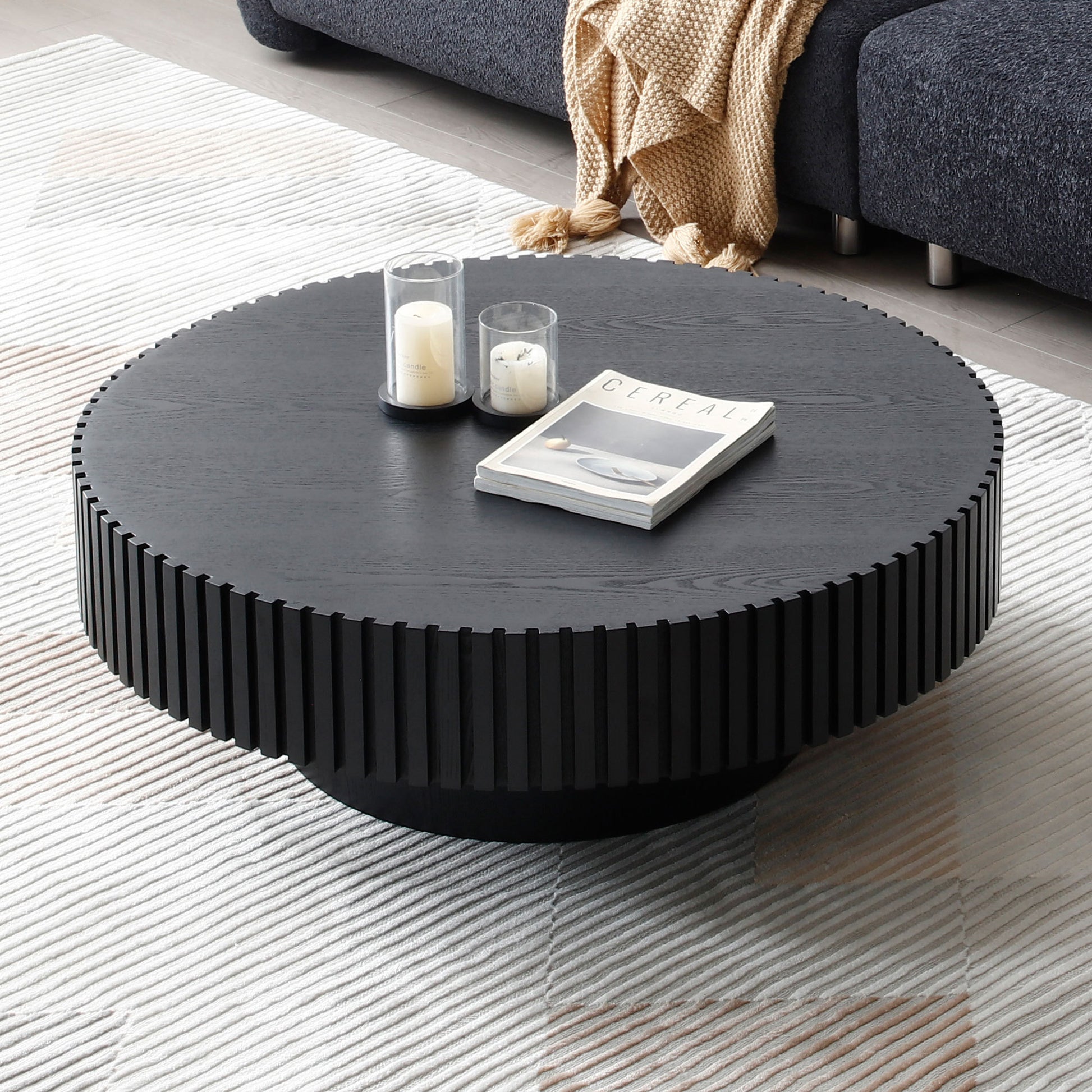 Black Mdf Coffee Table 39.37Inch Modern Handcraft Drum Coffee Table Round Wood Coffee Table For Living Room, Apartment Matt Black Primary Living Space Modern Mdf