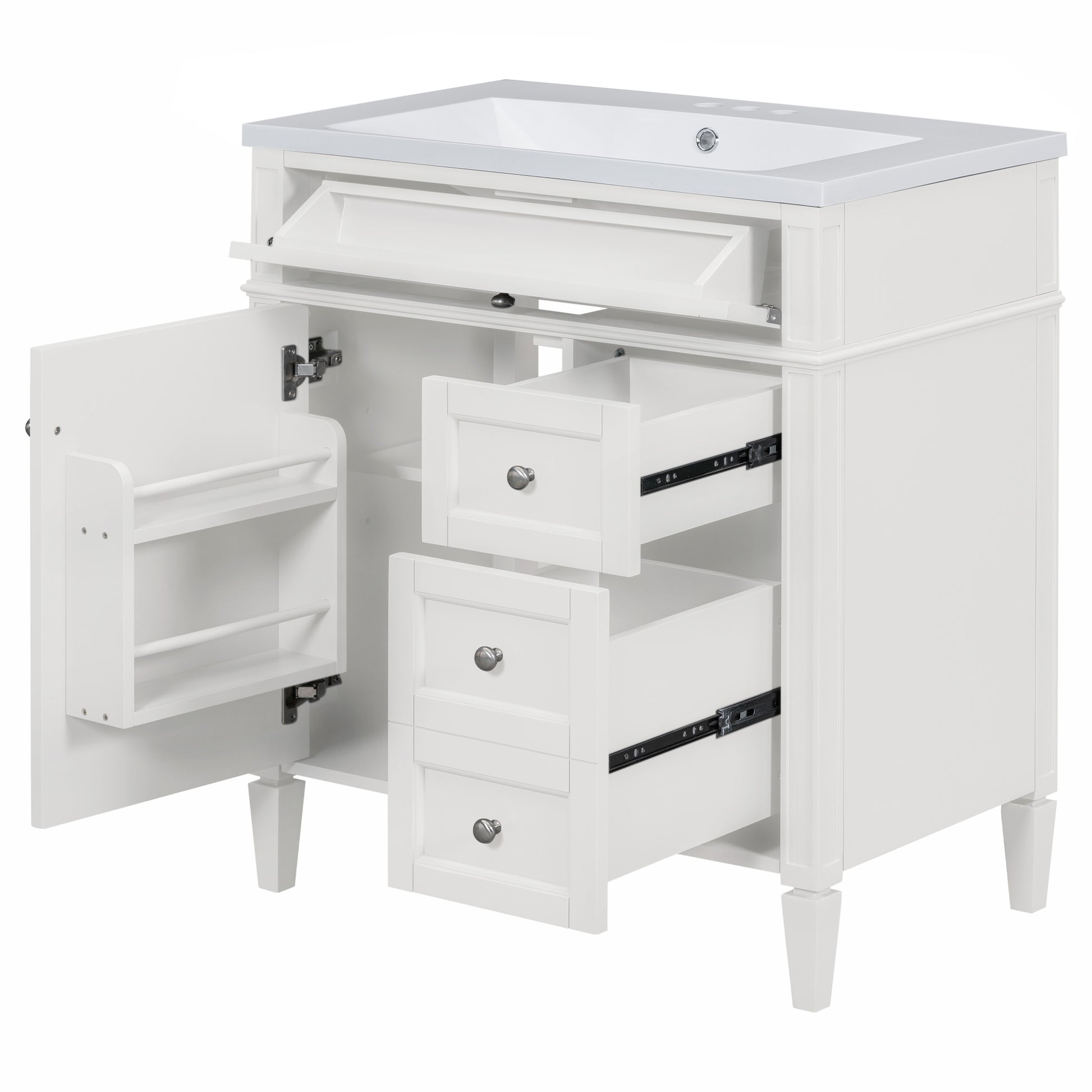 30'' Bathroom Vanity With Top Sink, Modern Bathroom Storage Cabinet With 2 Drawers And A Tip Out Drawer, Single Sink Bathroom Vanity 3 White 1 2 Adjustable Shelves Bathroom Freestanding Solid Wood Mdf Painted