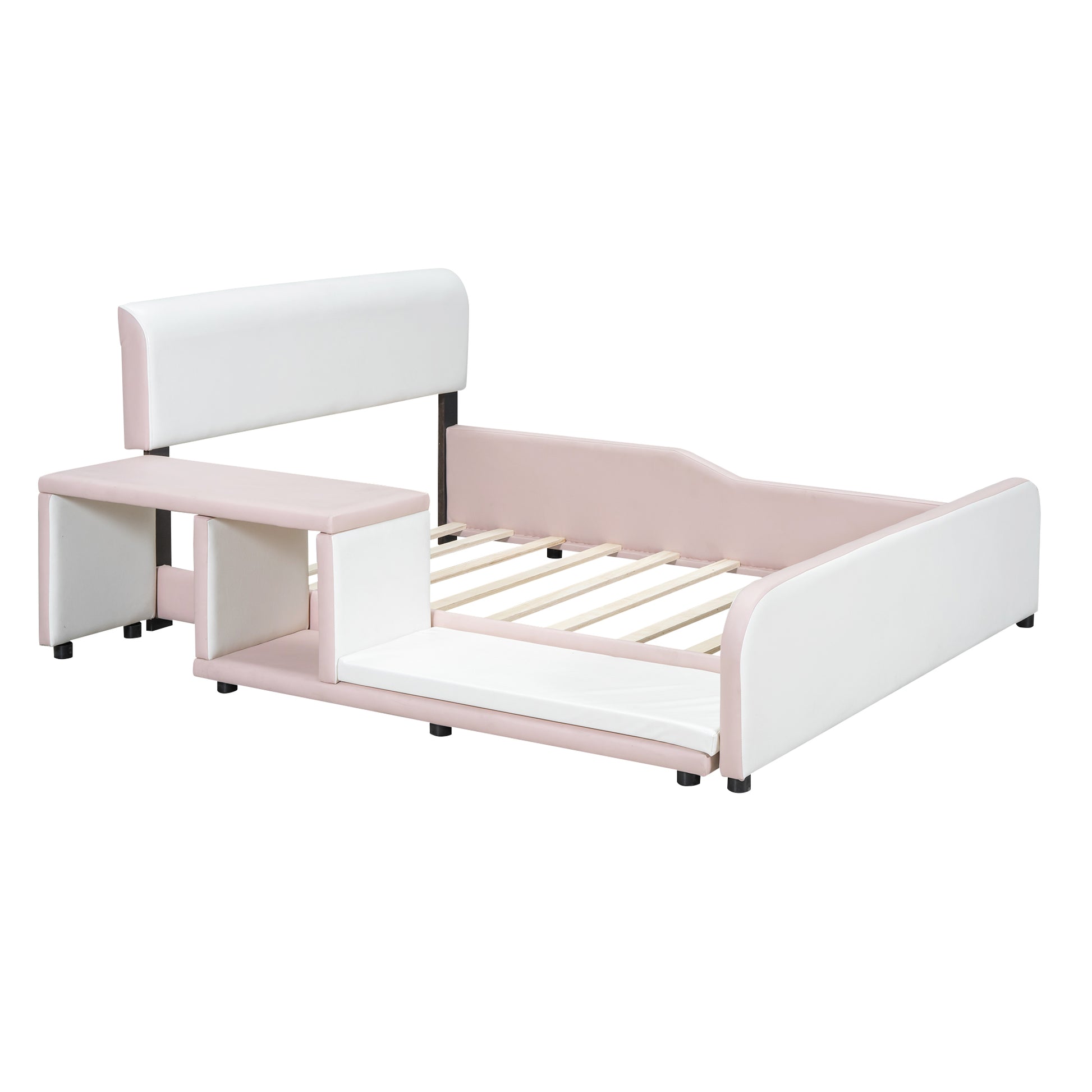 Full Size Upholstered Platform Bed With Storage Nightstand And Guardrail, Pink Box Spring Not Required Full Pink Wood Bedroom Upholstered