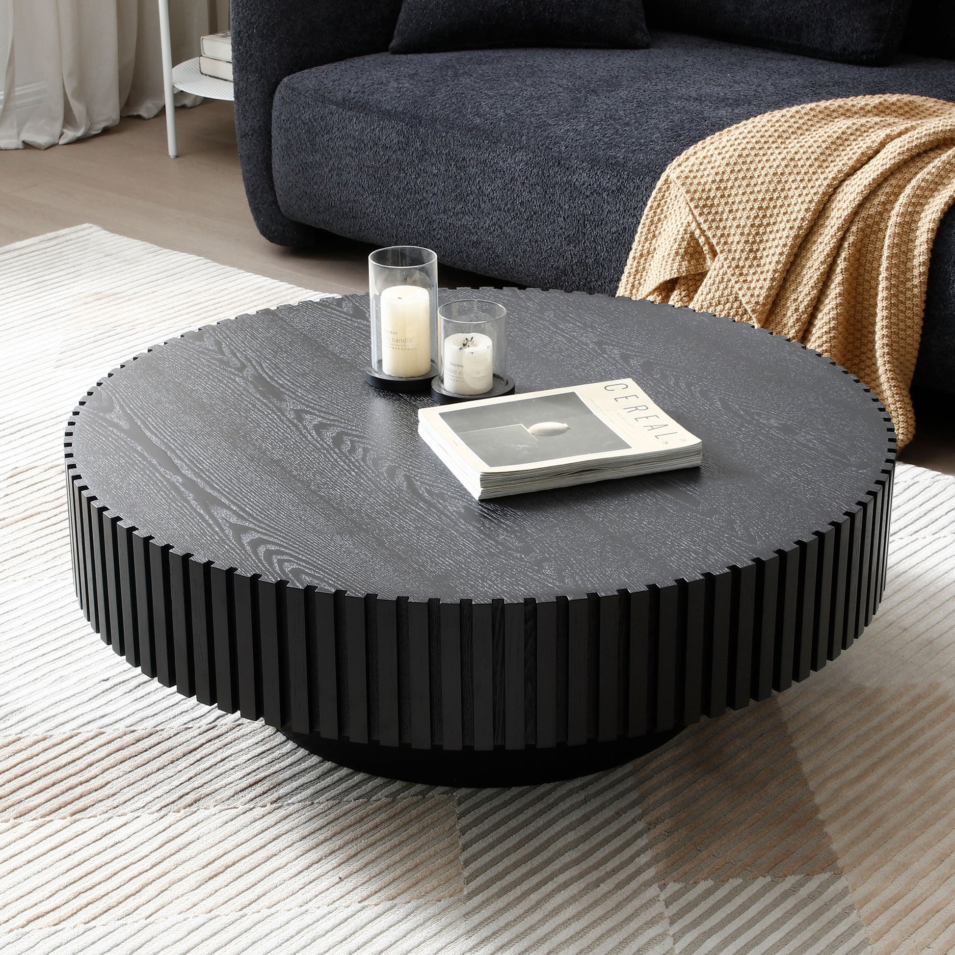 Black Mdf Coffee Table 39.37Inch Modern Handcraft Drum Coffee Table Round Wood Coffee Table For Living Room, Apartment Matt Black Primary Living Space Modern Mdf