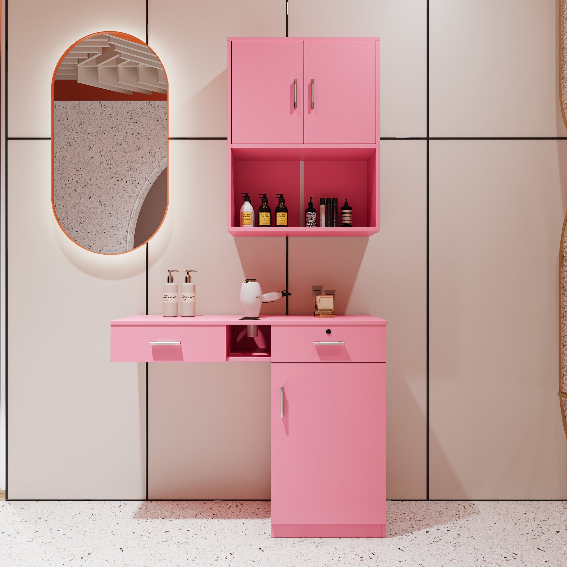 Wall Mounted Barber Shampoo Station Storage Cabinet Salon Beauty Spa Equipment For Barber Salon Shop Pink Mdf