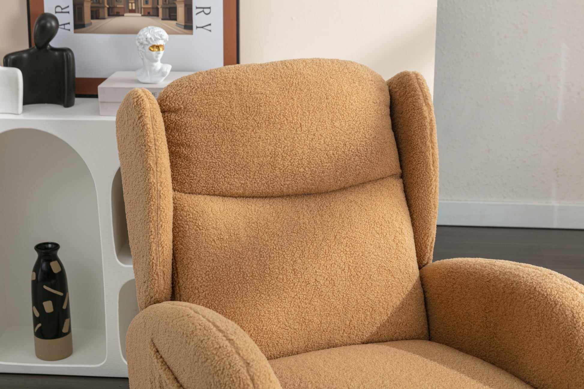 049 Teddy Fabric Rocking Chair With Packet Wood Legs,Khaki Wood Solid Khaki Primary Living Space Foam Wipe Clean Modern Rocking Chairs Eucalyptus Tufted Back Foam Teddy