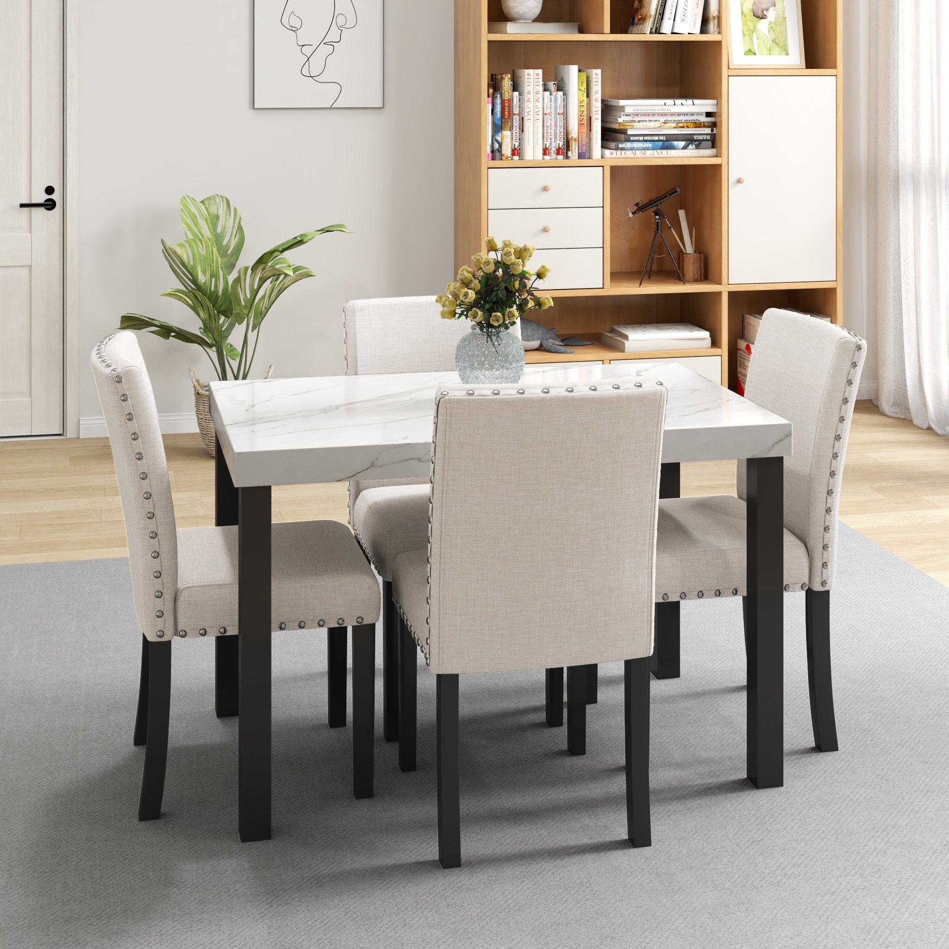 Five Piece Dining Set With Imitation Marble Tabletop, Restaurant Combination Set, Solid Wood Dining Table And 4 Chairs, Space Saving Combination Furniture For Kitchen And Dining Room. Black White Solid Wood Mdf