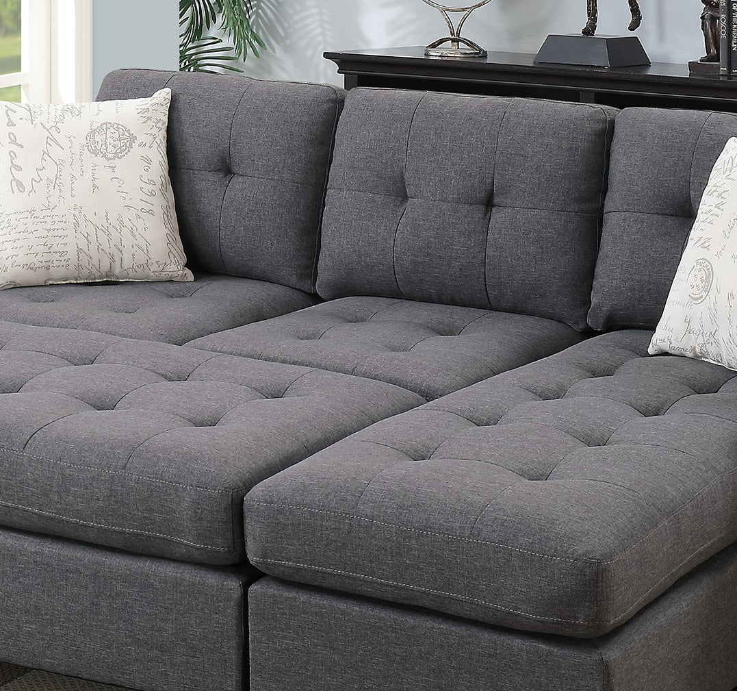 Blue Grey Polyfiber Linen Like Fabric 3Pcs Reversible Sectional Sofa Chaise W Ottoman Chaise Tufted Couch Lounge Living Room Furniture Blue Grey Wood Primary Living Space Tufted Back Classic,Contemporary,Modern L Shaped Rubberwood Fabric 4 Seat