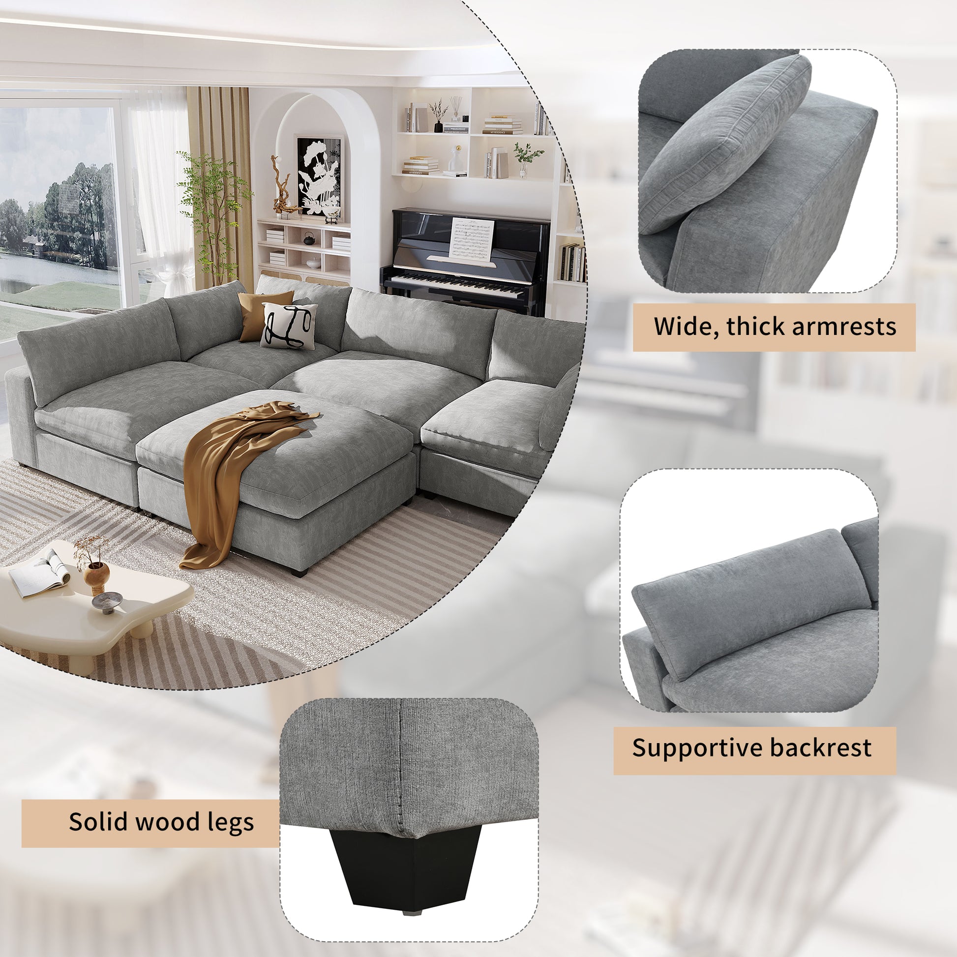 Upholstered Oversize Modular Sofa With Removable Ottoman,Sectional Sofa For Living Room Apartment 5 Seater Grey Polyester 5 Seat