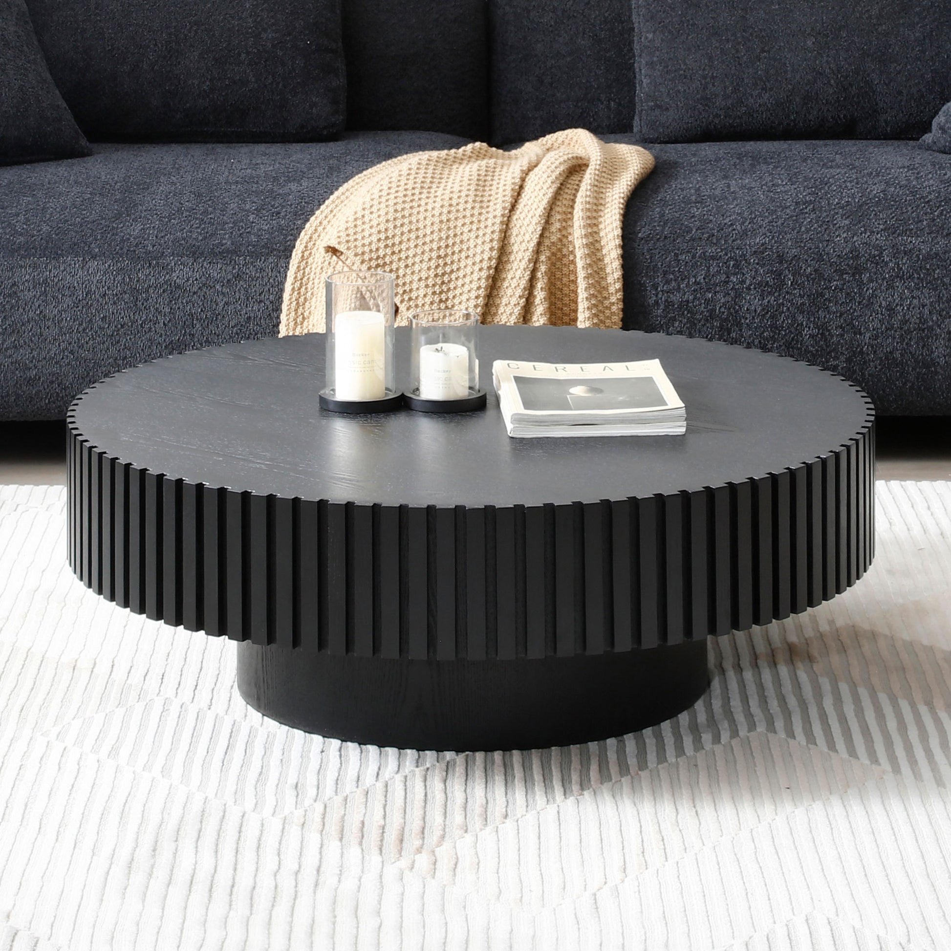 Black Mdf Coffee Table 39.37Inch Modern Handcraft Drum Coffee Table Round Wood Coffee Table For Living Room, Apartment Matt Black Primary Living Space Modern Mdf