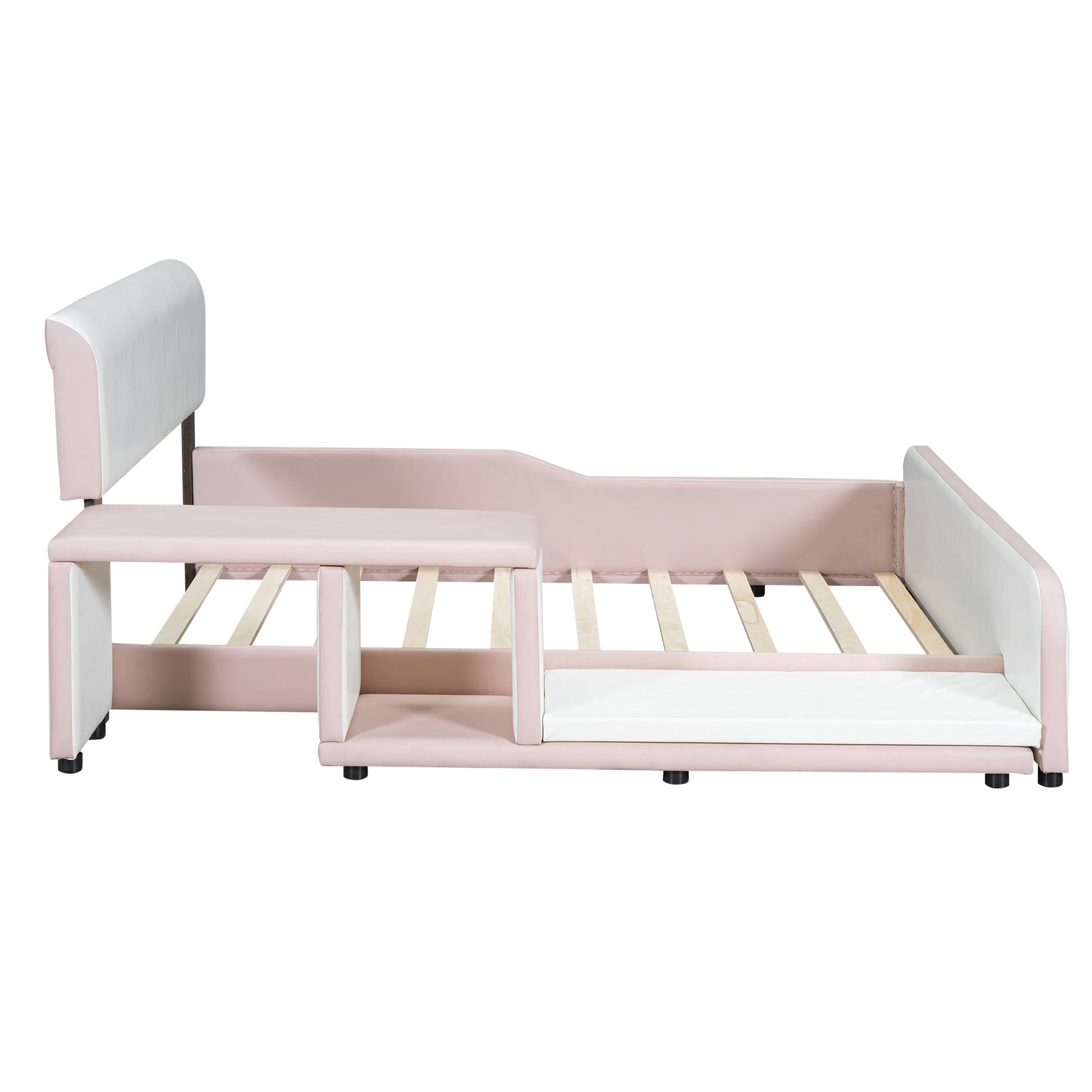 Full Size Upholstered Platform Bed With Storage Nightstand And Guardrail, Pink Box Spring Not Required Full Pink Wood Bedroom Upholstered