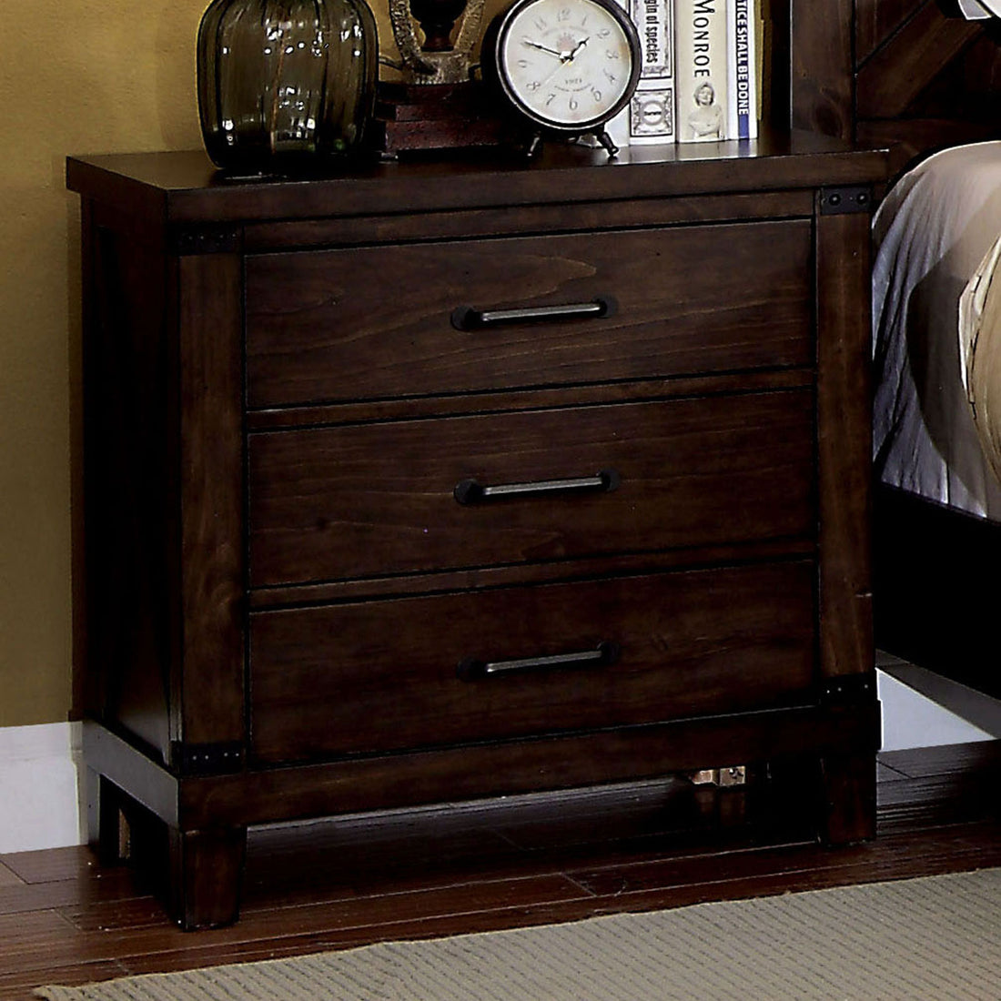 Rustic Style Dark Walnut Finish 1Pc Nightstand Bedroom Furniture Solid Wood 3 Drawers Bedside Table Black Bar Pulls Walnut 2 Drawers Bedroom Bedside Cabinet Classic,Contemporary,Modern Rubberwood Drawers Solid Wood