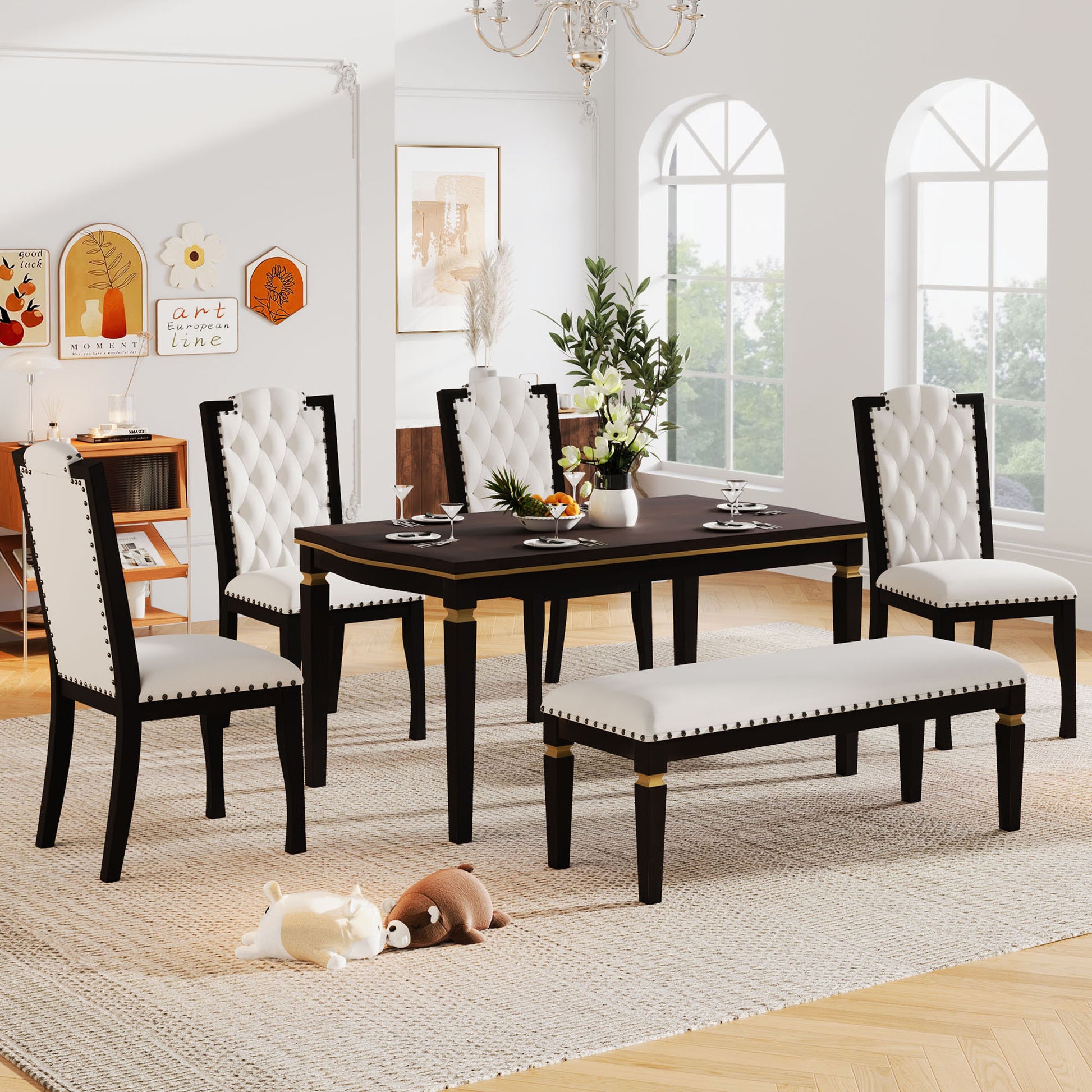 6 Piece Kitchen Dining Table Set, 62.7" Rectangular Table And 4 High Back Tufted Chairs & 1 Bench For Dining Room And Kitchen Espresso Espresso Modern Solid Wood Mdf