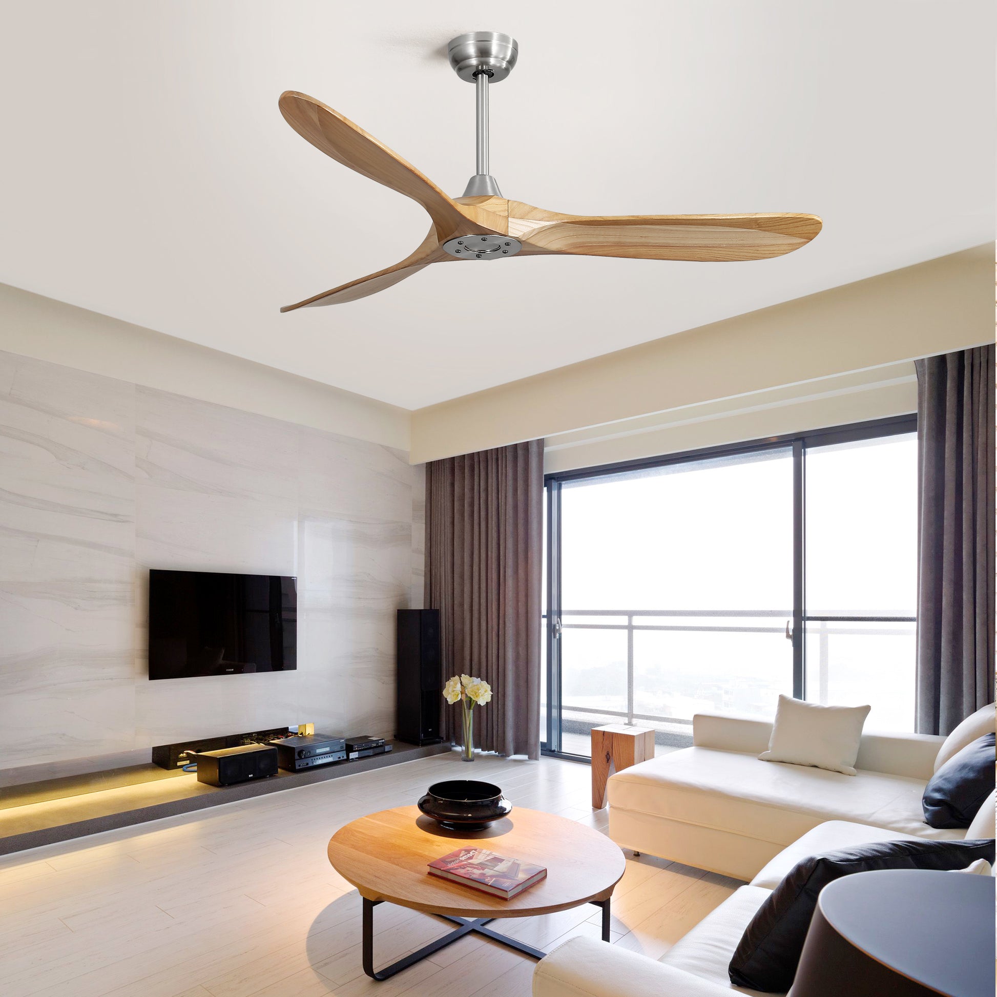 60 Inch Outdoor Ceiling Fan Without Light 3 Solid Wood Blade With Dc Motor Remote Control Brushed Nickel Metal & Wood