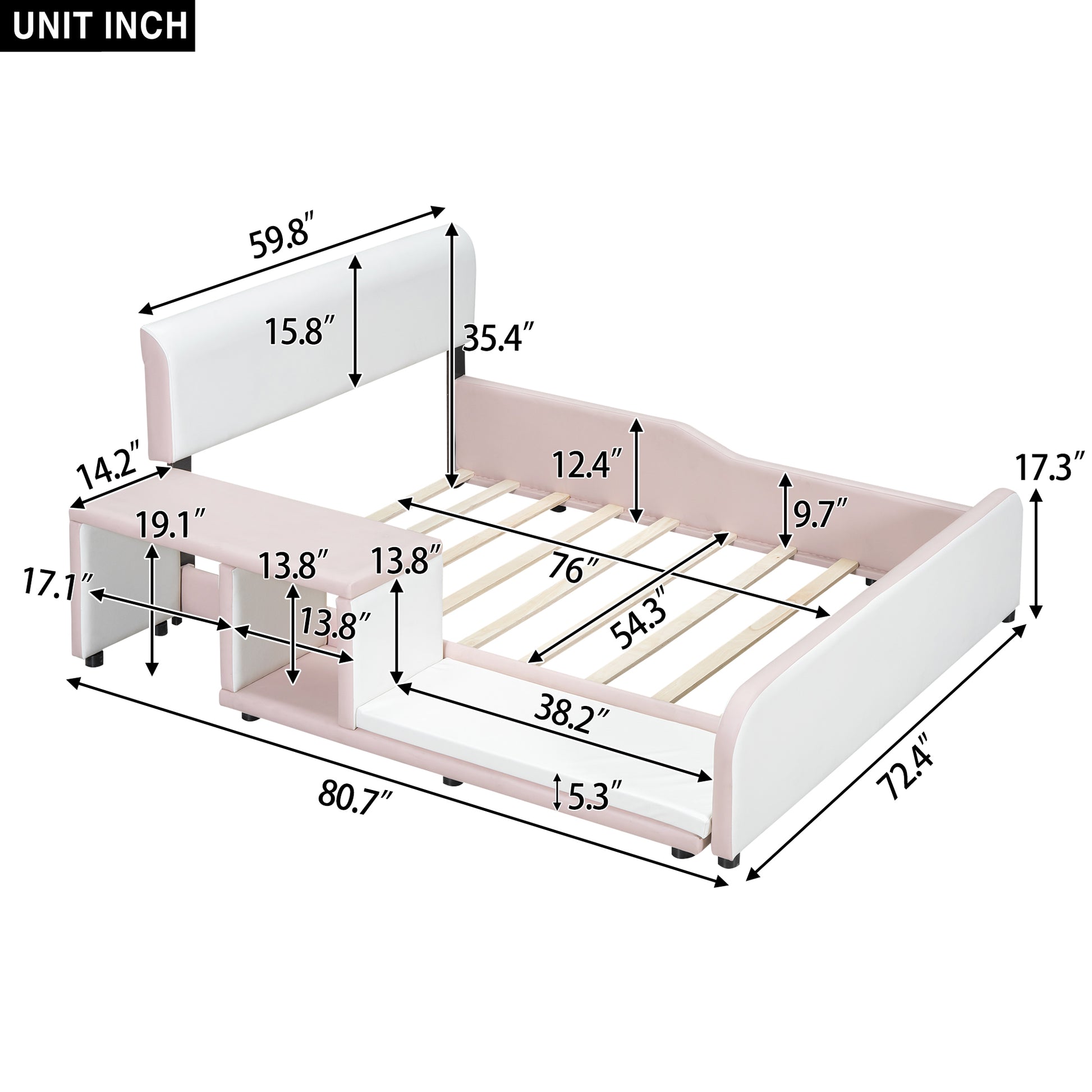 Full Size Upholstered Platform Bed With Storage Nightstand And Guardrail, Pink Box Spring Not Required Full Pink Wood Bedroom Upholstered