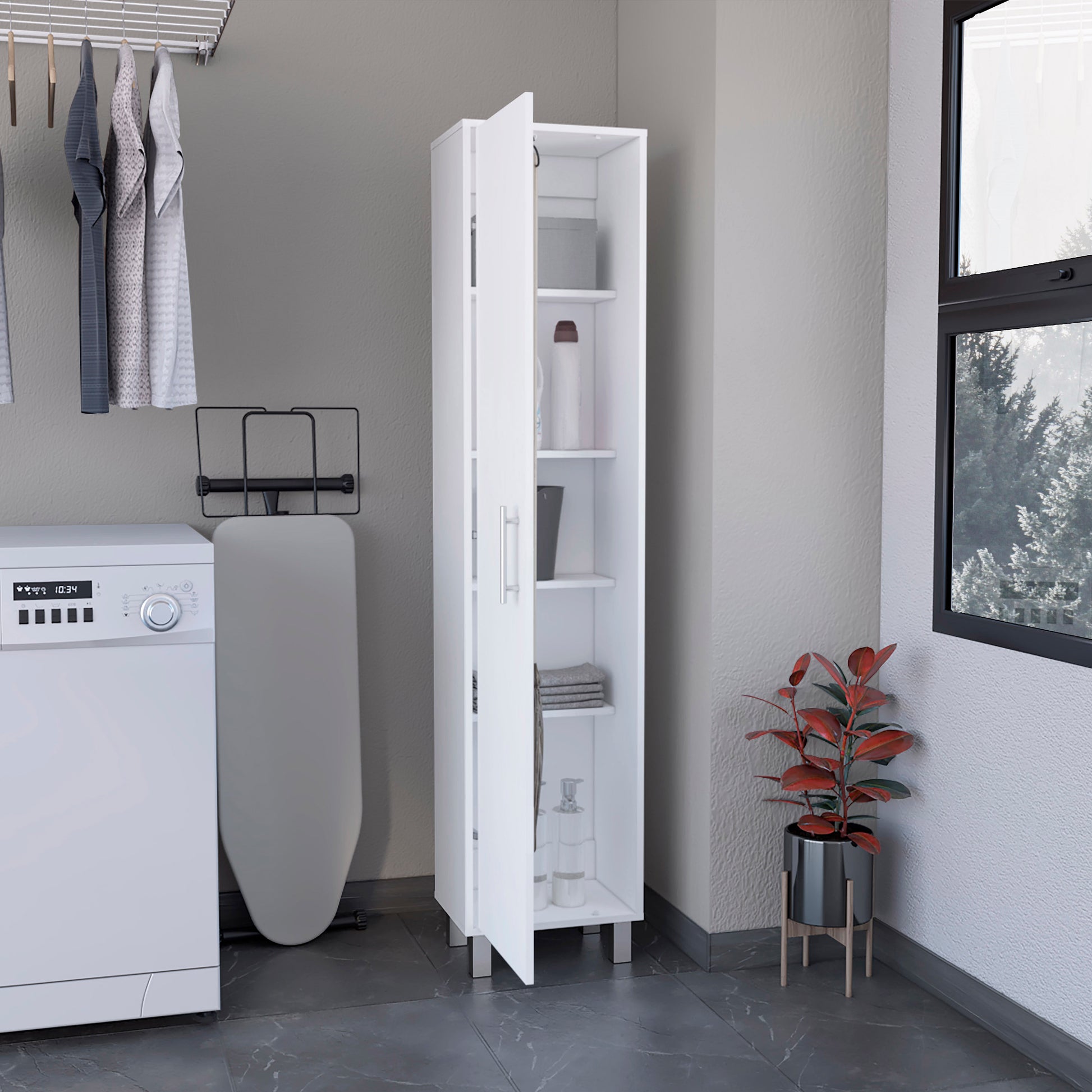 Laska 70" Tall Storage Cabinet Broom Closet With Broom Hangers,And Four Shelves White Particle Board