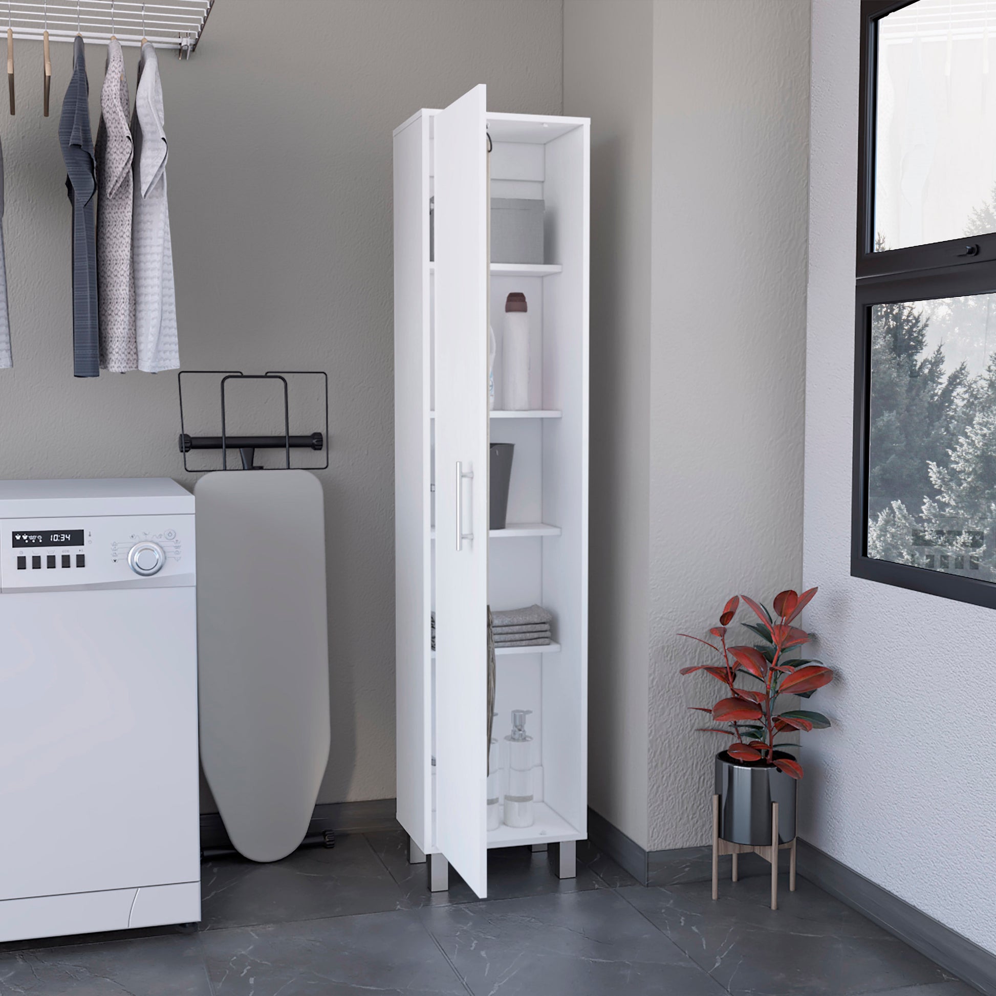 Storage Cabinet 71"H, Five Internal Shelves, Three Broom Hangers, White White Particle Board Particle Board