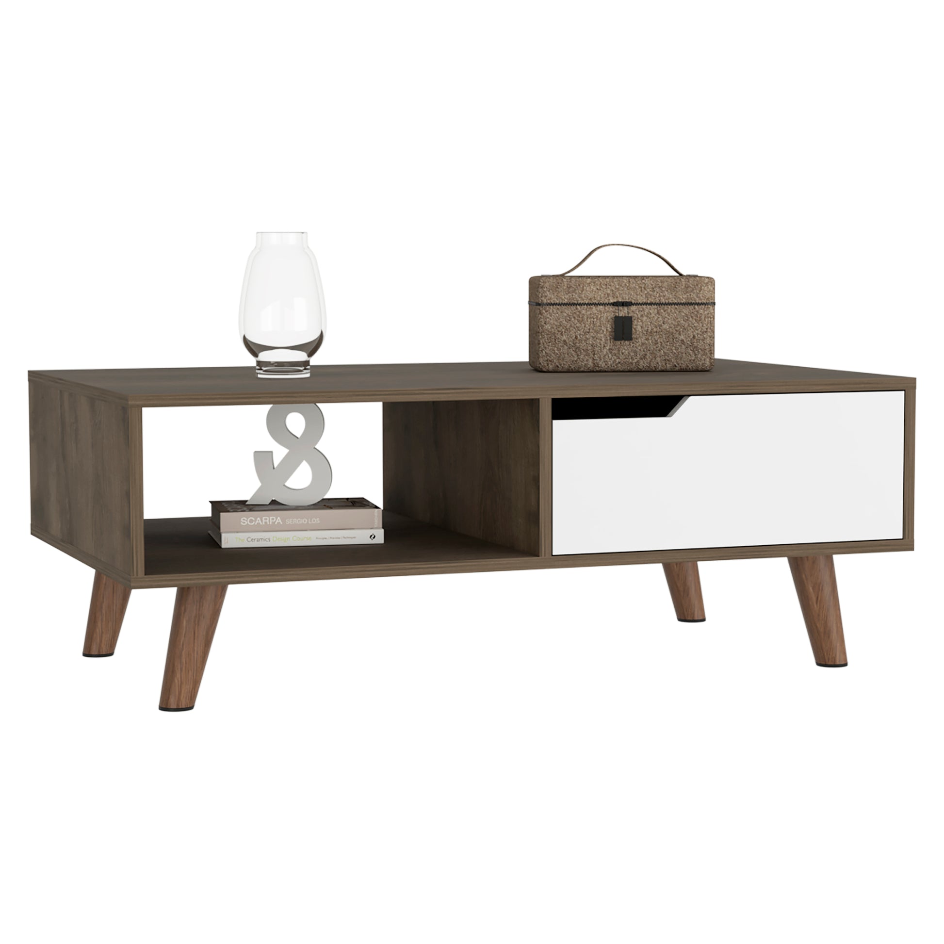 Coffee Table, One Open Shelf, One Drawer, Dark Brown White Multicolor Particle Board Particle Board