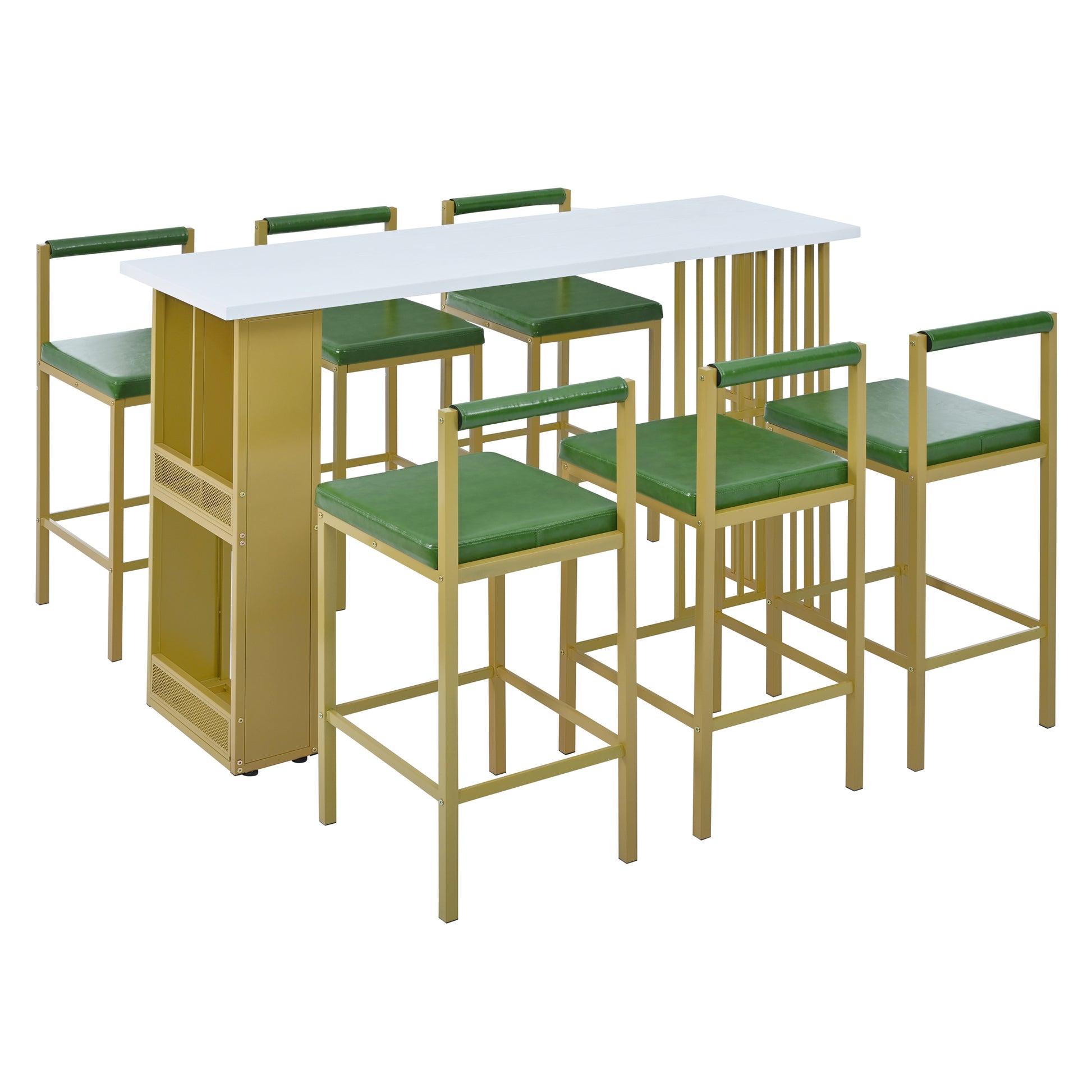 7 Piece Multi Functional Modern Counter Height Dining Bar Table Set With Open Shelves And 6 Upholstered Stools For Dining Room, Bar And Cafe White And Green White Green Mdf Metal