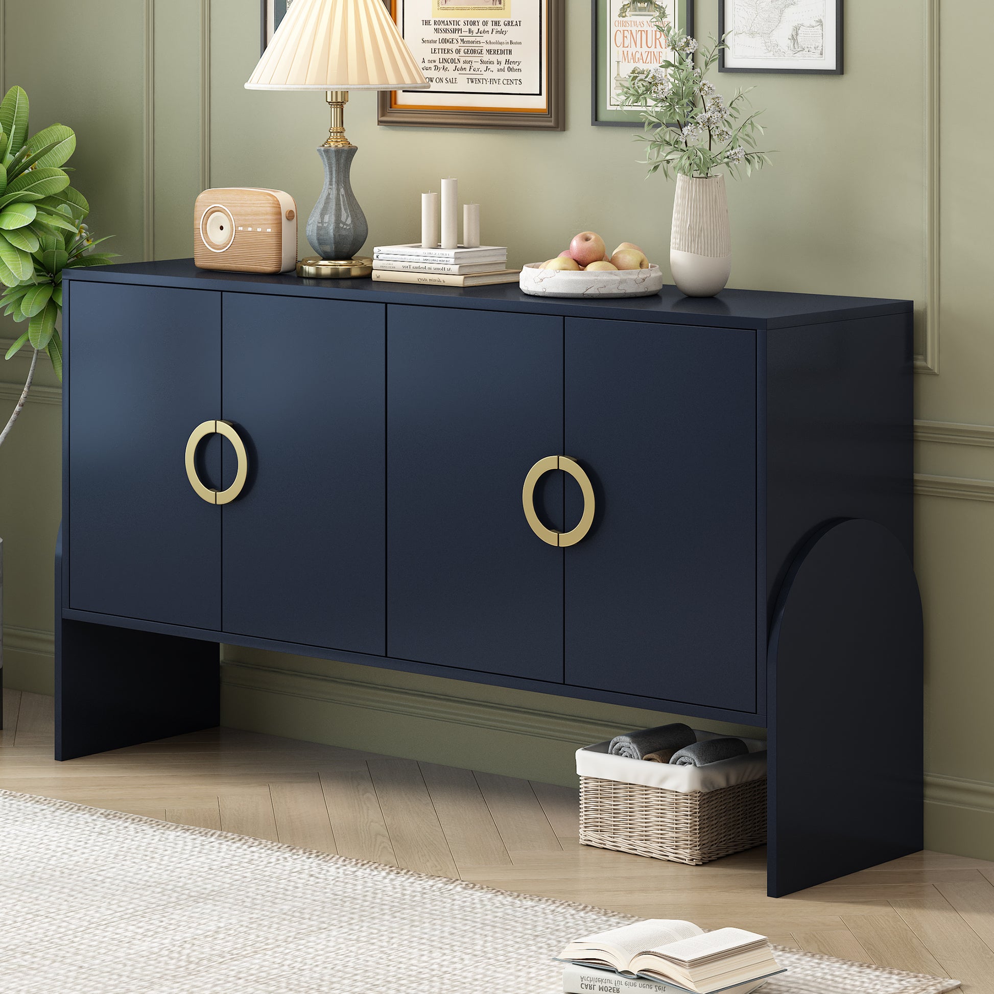 Four Door Metal Handle Storage Cabinet, Suitable For Study, Living Room,Adjustable Shelf Navy Blue Solid Wood Mdf