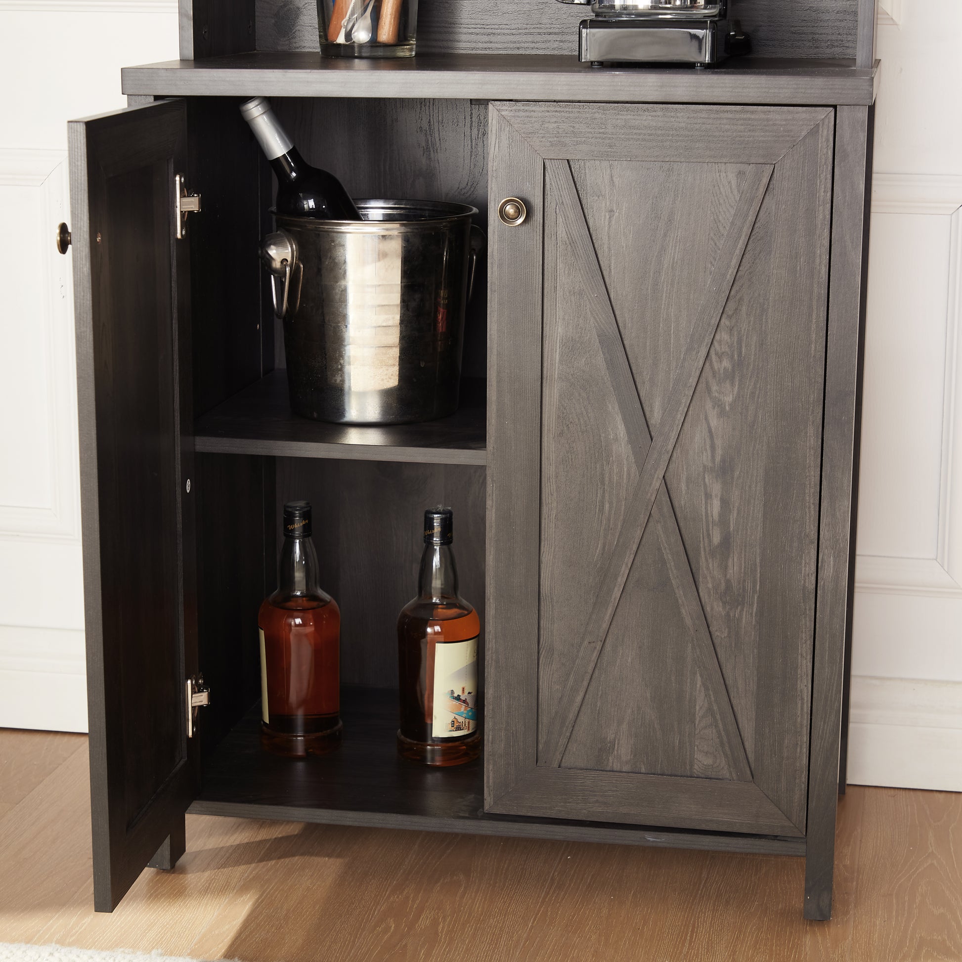 Farmhouse Bar Cabinet for Liquor and Glasses, Dining charcoal grey-dining room-cabinets included-mdf