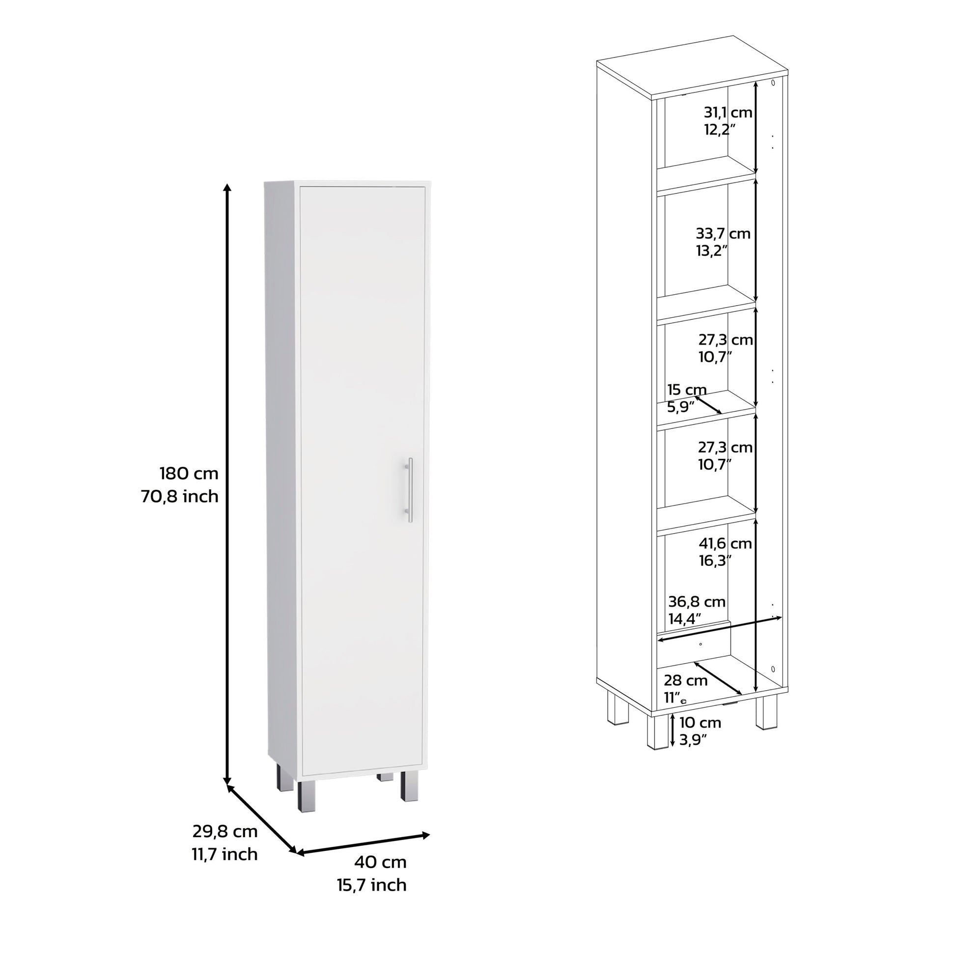 Storage Cabinet 71"H, Five Internal Shelves, Three Broom Hangers, White White Particle Board Particle Board