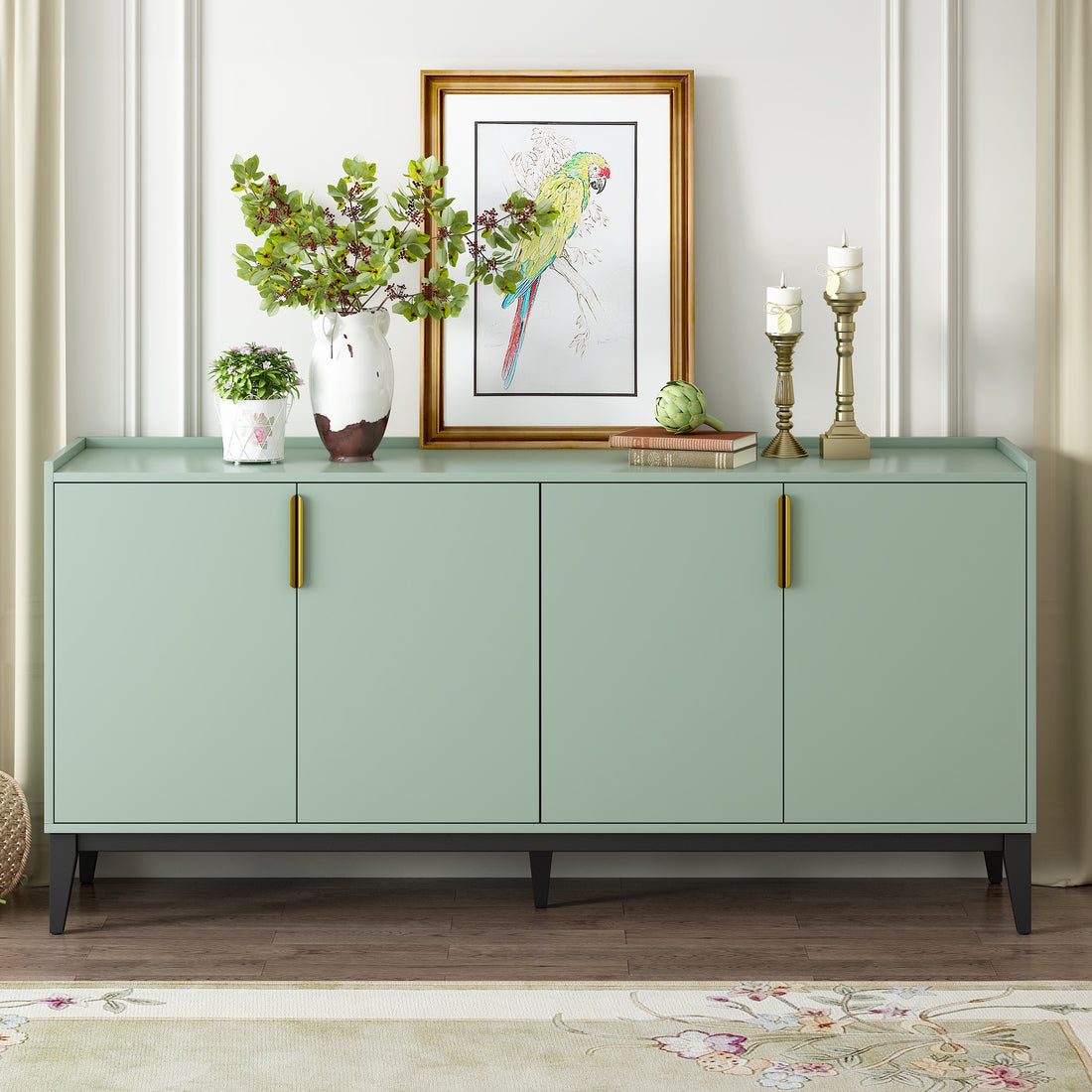 Storage Cabinet Sideboard Wooden Cabinet With 4 Doors For Hallway, Entryway, Living Room, Adjustable Shelf Green Solid Wood Mdf