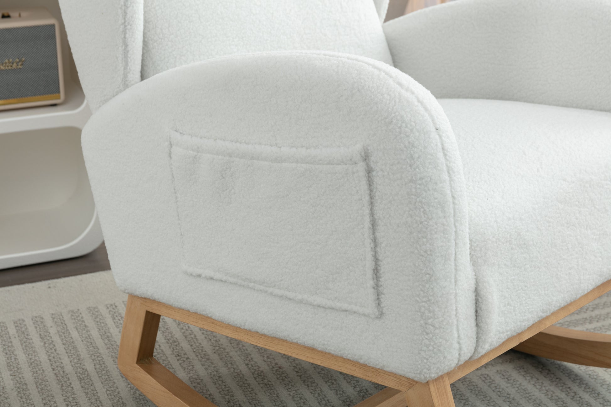 049 Teddy Fabric Rocking Chair With Packet Wood Legs,Ivory Wood Solid Ivory Primary Living Space Foam Wipe Clean Modern Rocking Chairs Eucalyptus Tufted Back Foam Teddy