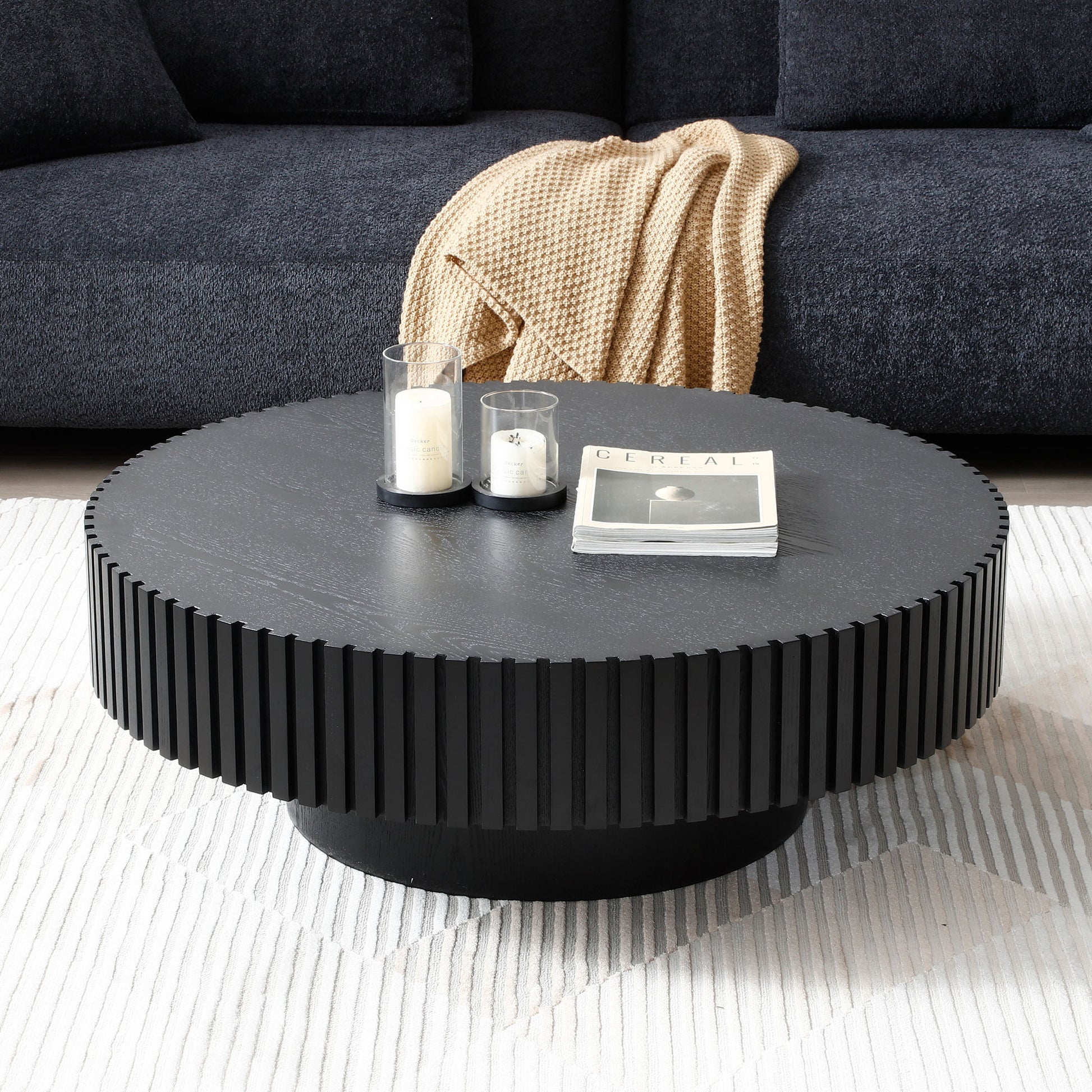 Black Mdf Coffee Table 39.37Inch Modern Handcraft Drum Coffee Table Round Wood Coffee Table For Living Room, Apartment Matt Black Primary Living Space Modern Mdf