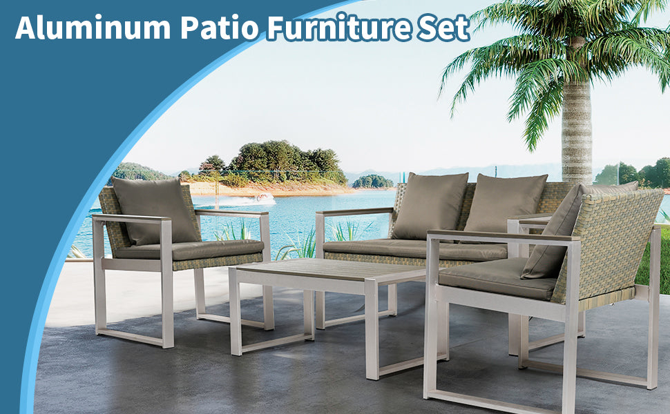 Aluminum And Rattan Modern 4 Piece Sofa Seating Group For Patio Garden Outdoor Yes Complete Patio Set Gray Silver Mildew Resistant Frame Fade Resistant Cushion Garden & Outdoor Modern Complete Patio Sets Aluminium Aluminium